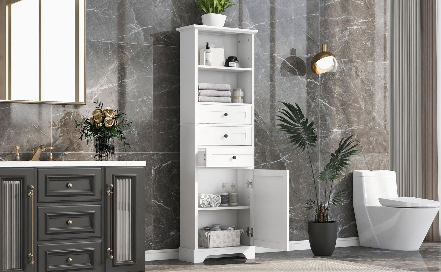 Tall Storage Cabinet with 3 Drawers and Adjustable Shelves for Bathroom; Kitchen and Living Room; MDF Board with Painted Finish