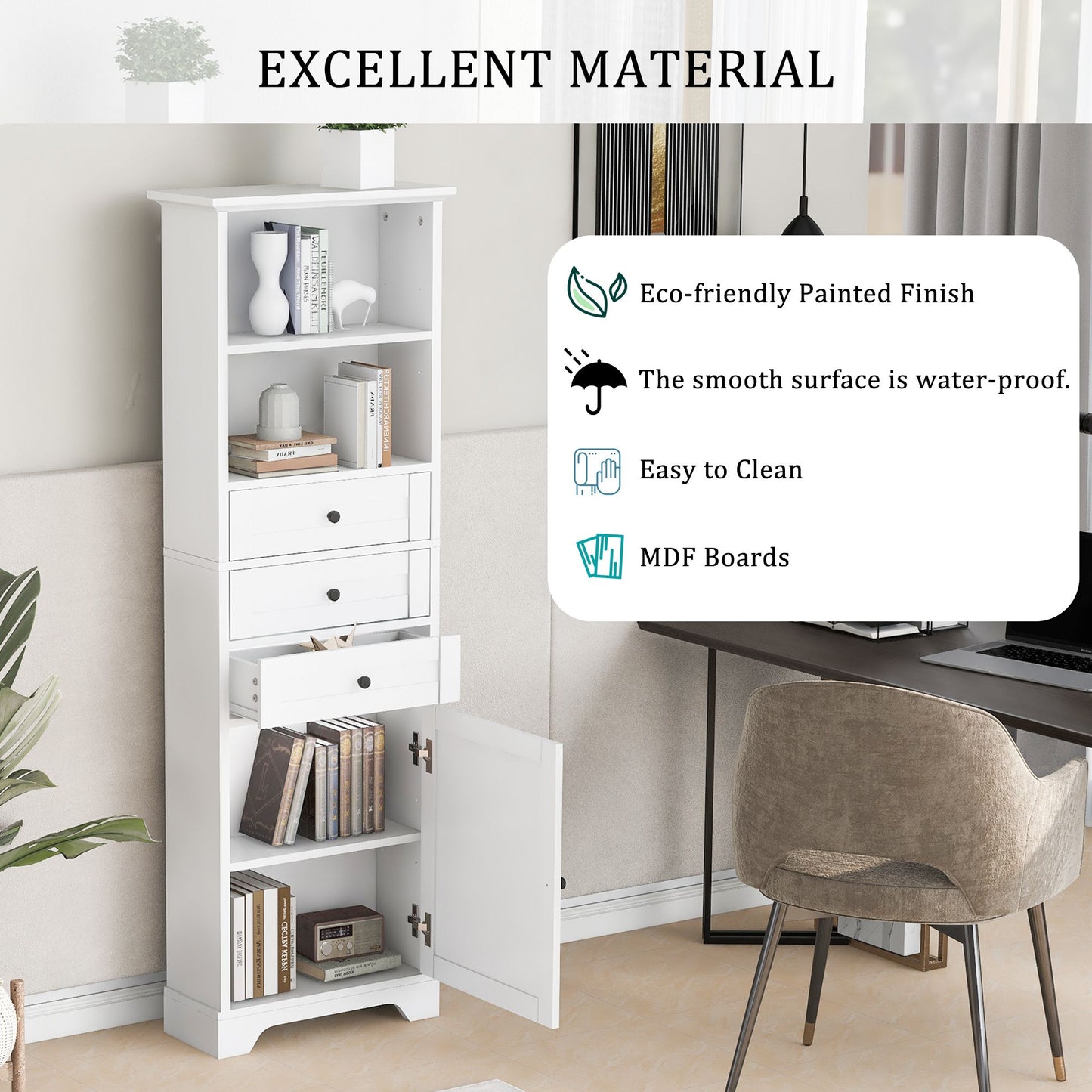Tall Storage Cabinet with 3 Drawers and Adjustable Shelves for Bathroom; Kitchen and Living Room; MDF Board with Painted Finish