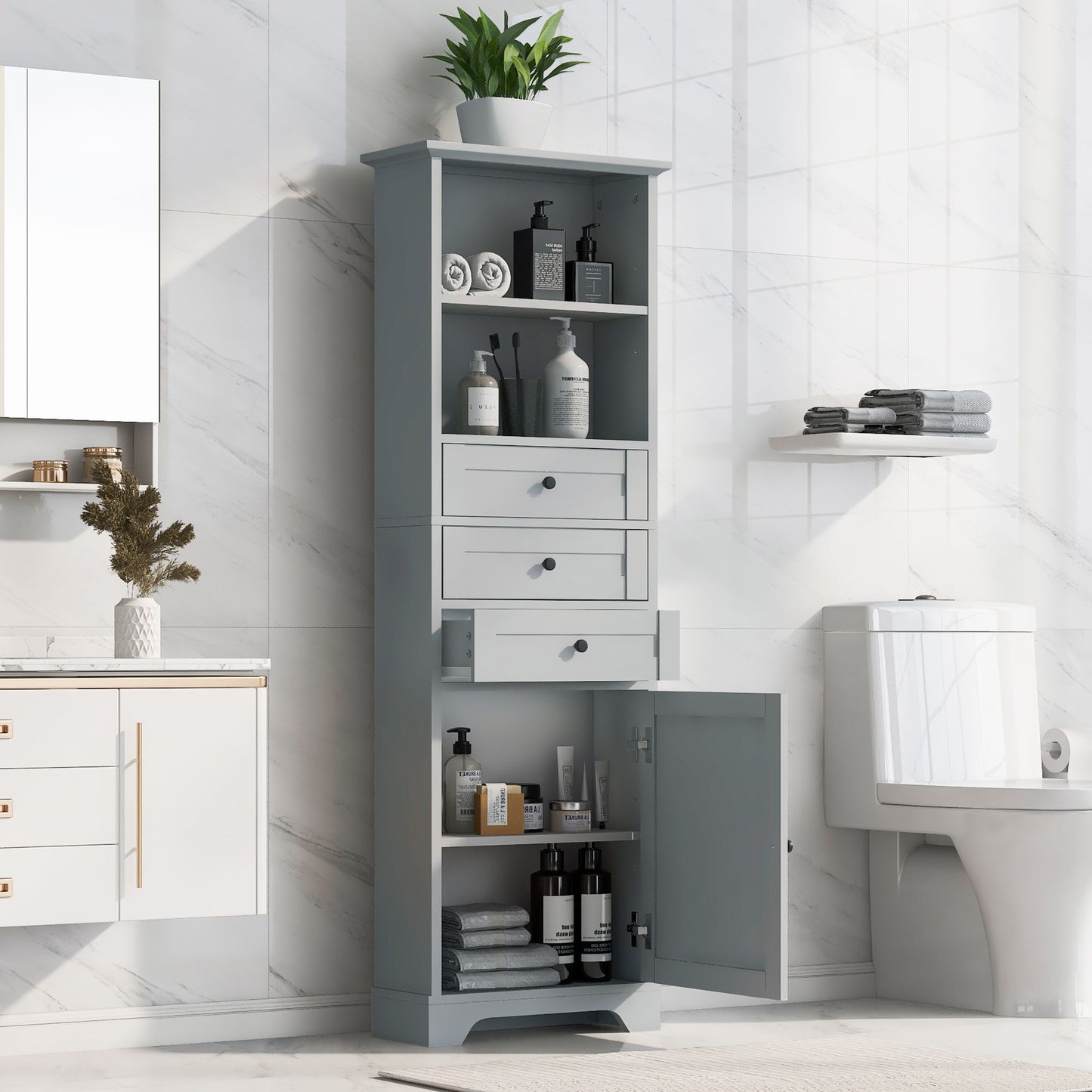Tall Storage Cabinet with 3 Drawers and Adjustable Shelves for Bathroom; Kitchen and Living Room; MDF Board with Painted Finish