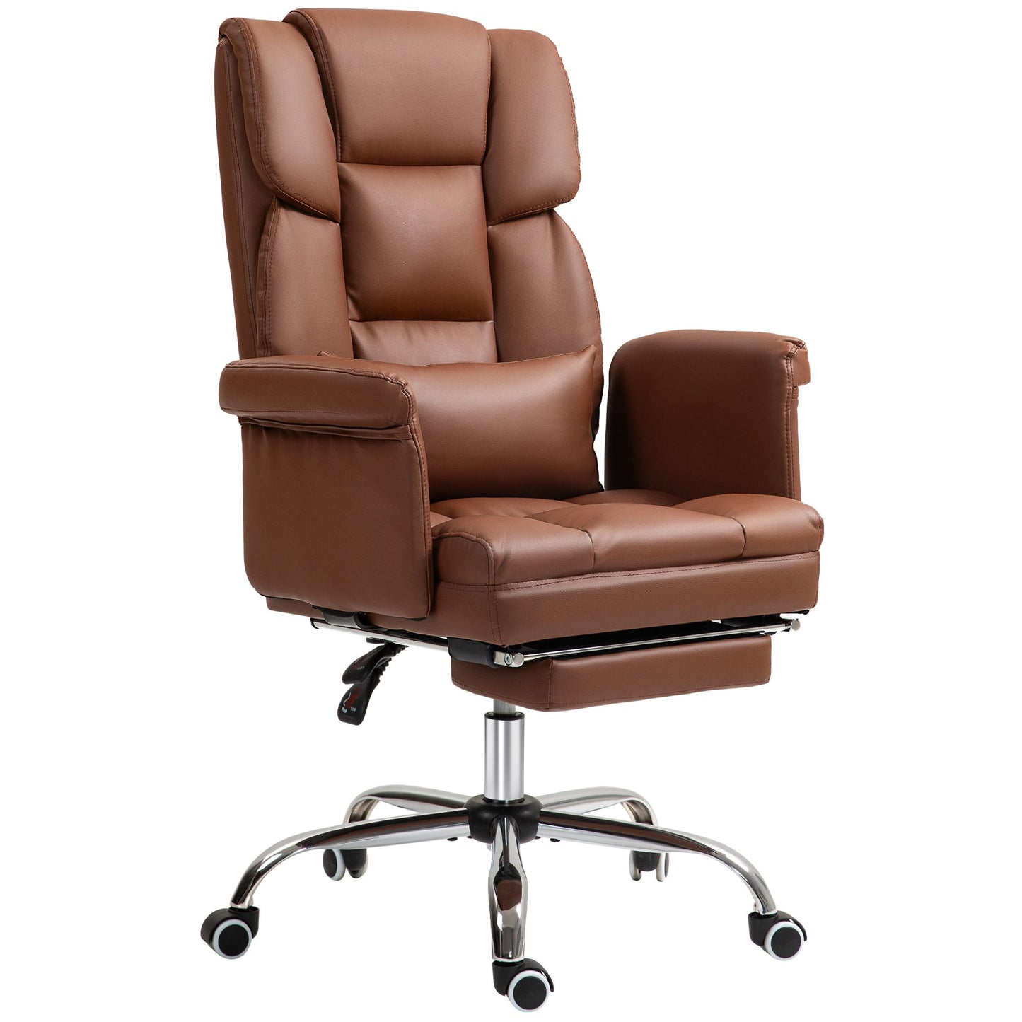 HOMCOM Executive Office Chair, PU Leather Ergonomic Office Desk Chair, Reclining and Swivel Chair with Footrest and Lumbar Support, Brown
