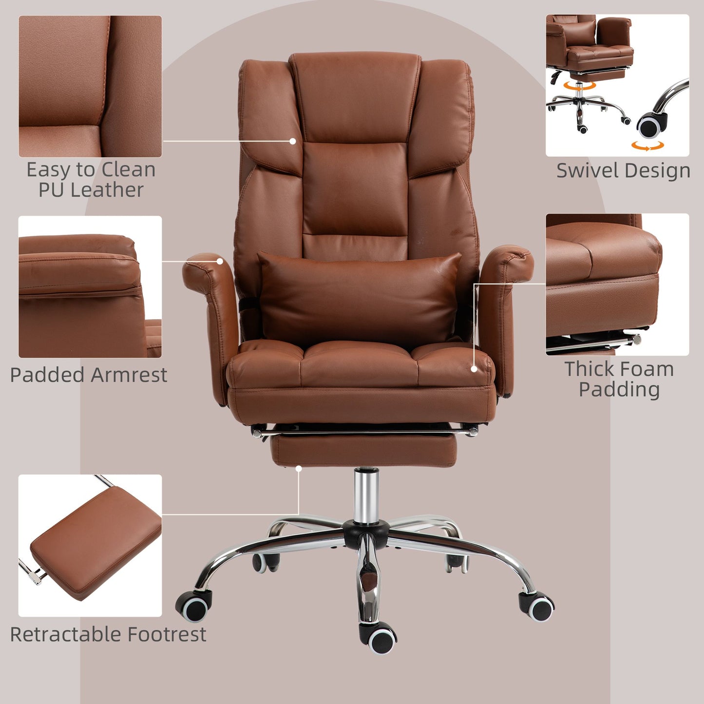 HOMCOM Executive Office Chair, PU Leather Ergonomic Office Desk Chair, Reclining and Swivel Chair with Footrest and Lumbar Support, Brown