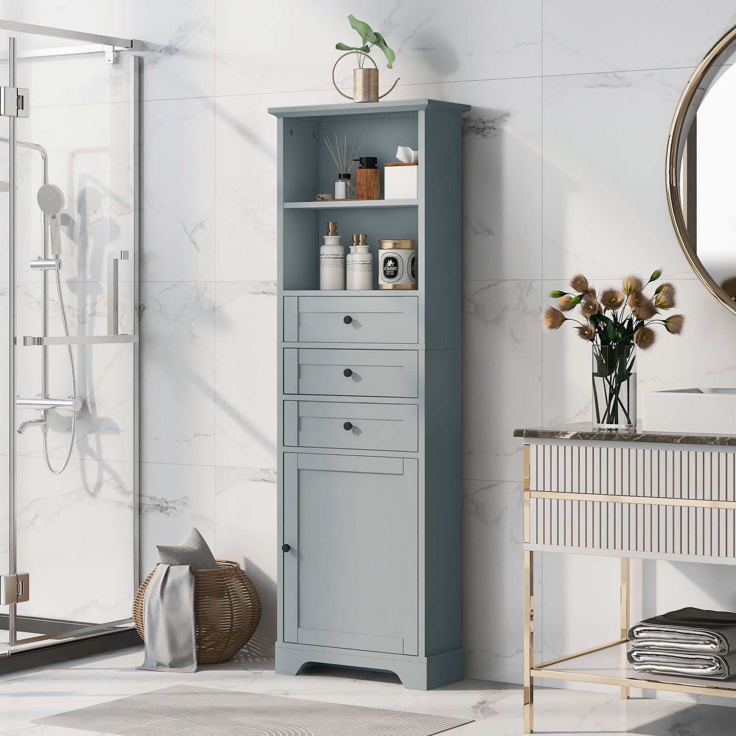 Tall Storage Cabinet with 3 Drawers and Adjustable Shelves for Bathroom; Kitchen and Living Room; MDF Board with Painted Finish