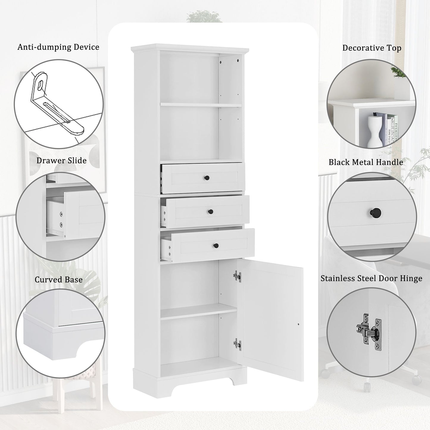 Tall Storage Cabinet with 3 Drawers and Adjustable Shelves for Bathroom; Kitchen and Living Room; MDF Board with Painted Finish