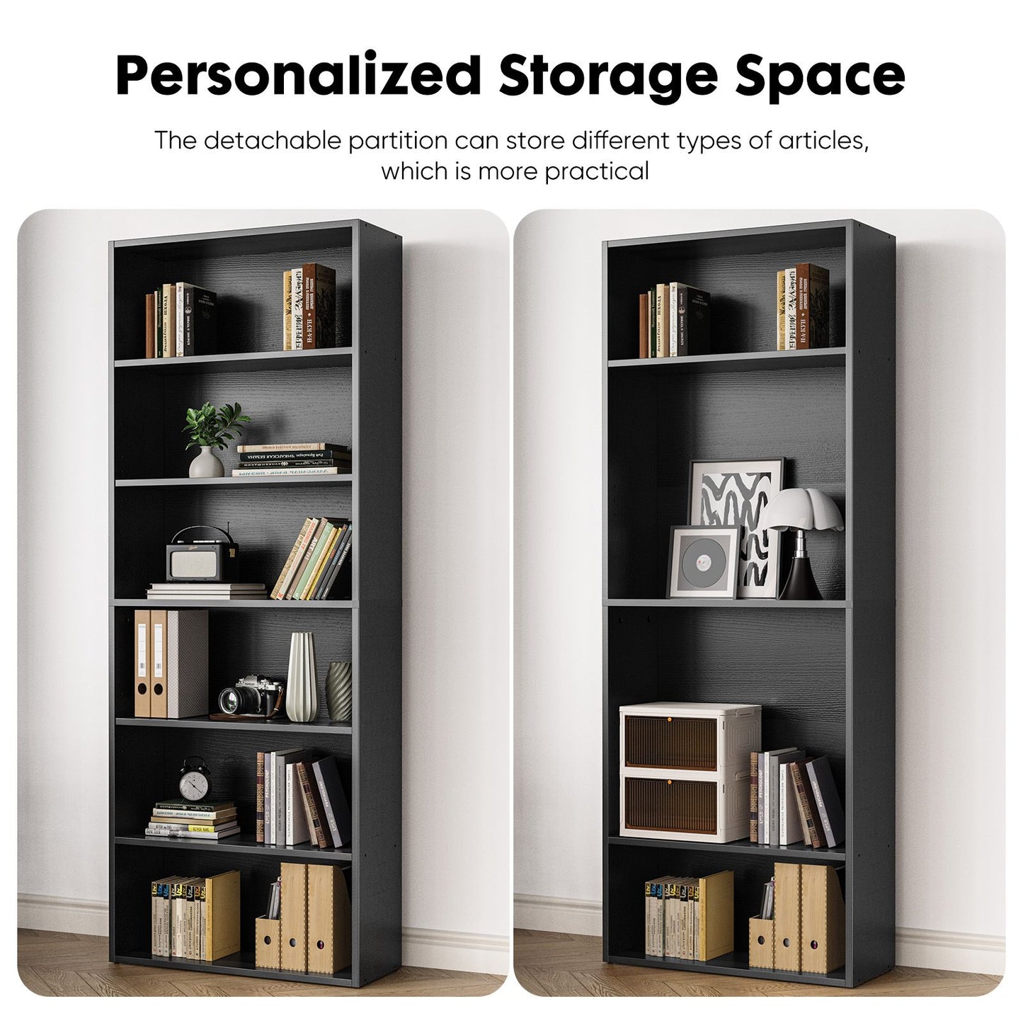 Industrial 6 Shelf Bookcase - Large 53 Inch Tall Floor Standing Open Bookshelf for Home Office, Living Room, and Bedroom Storage, Black