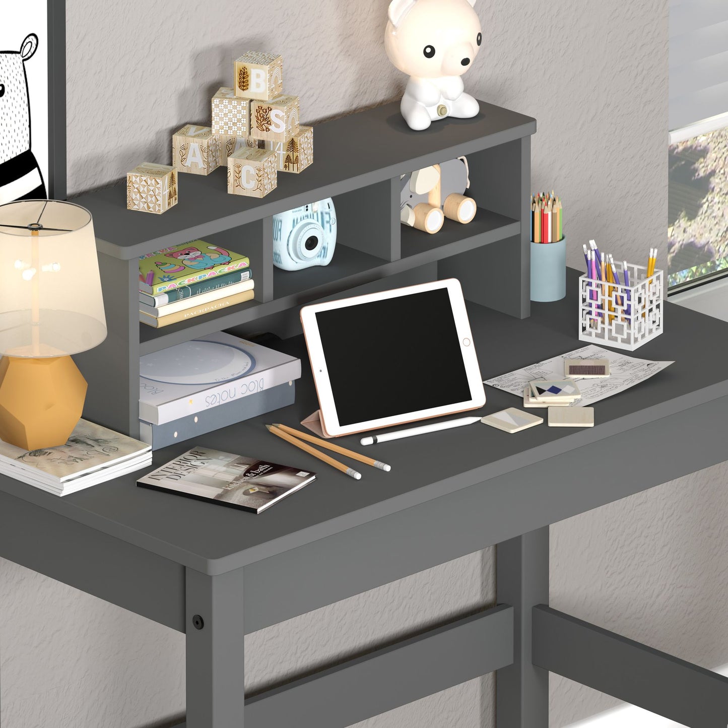 Grey Writing Desk with Hutch