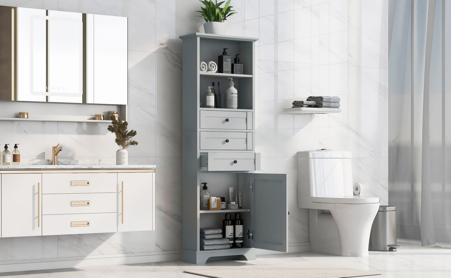Tall Storage Cabinet with 3 Drawers and Adjustable Shelves for Bathroom; Kitchen and Living Room; MDF Board with Painted Finish