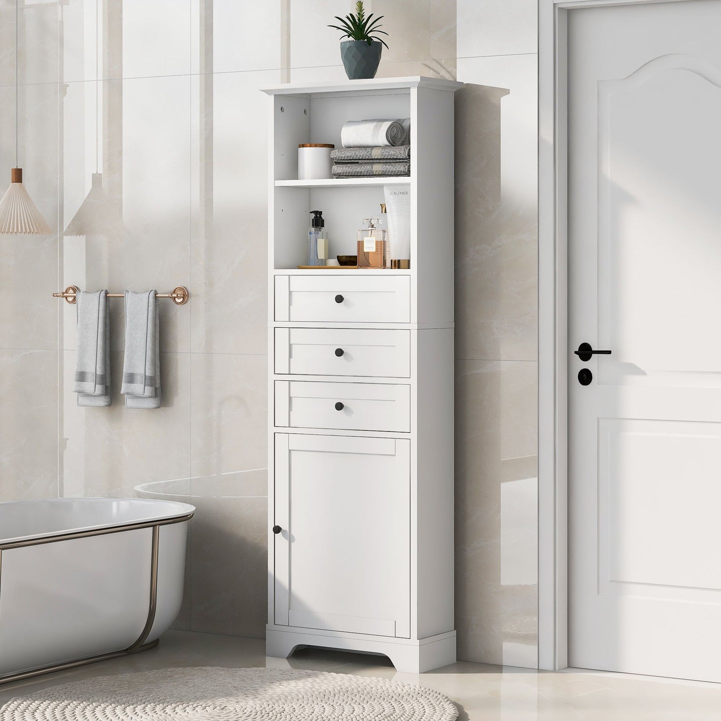 Tall Storage Cabinet with 3 Drawers and Adjustable Shelves for Bathroom; Kitchen and Living Room; MDF Board with Painted Finish