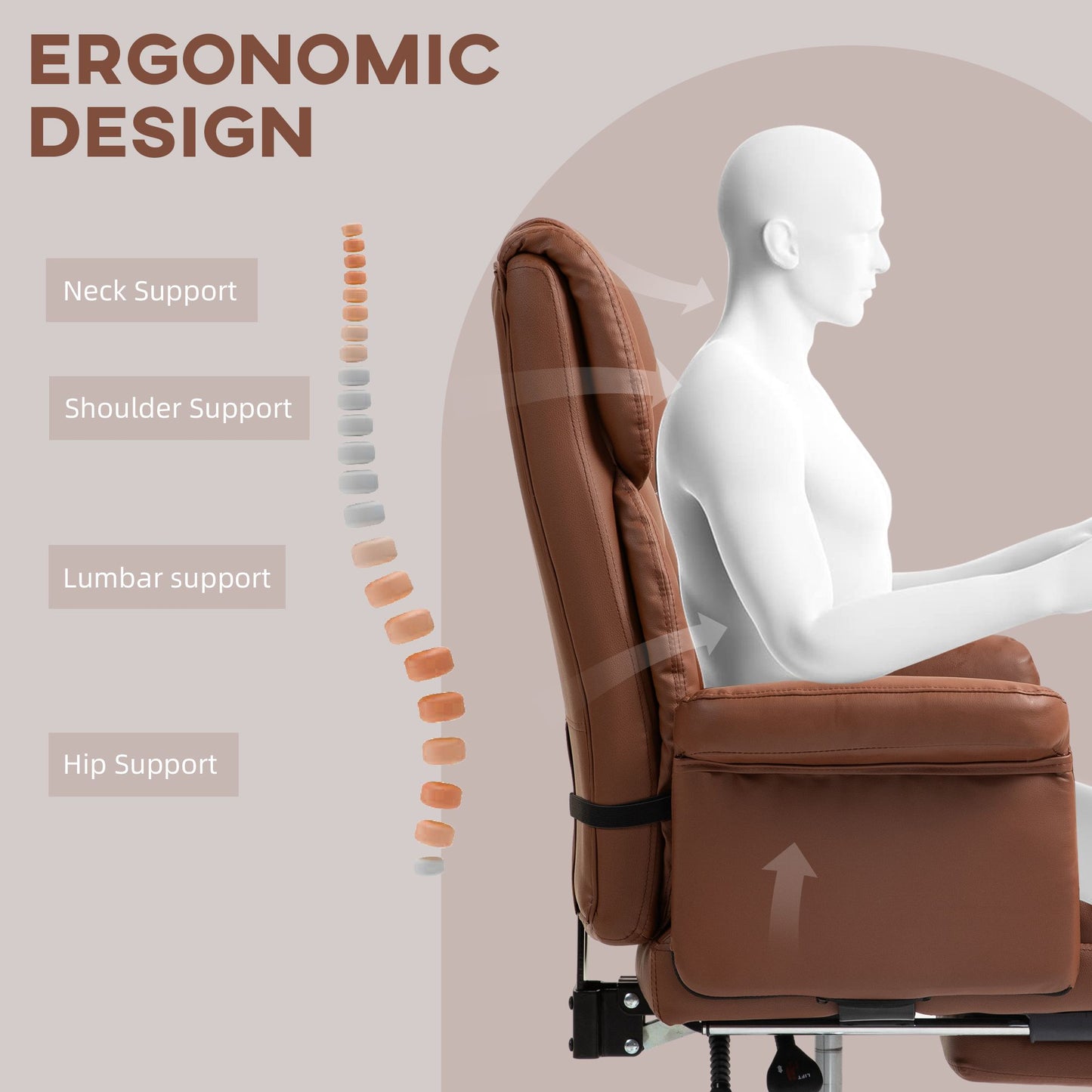 HOMCOM Executive Office Chair, PU Leather Ergonomic Office Desk Chair, Reclining and Swivel Chair with Footrest and Lumbar Support, Brown