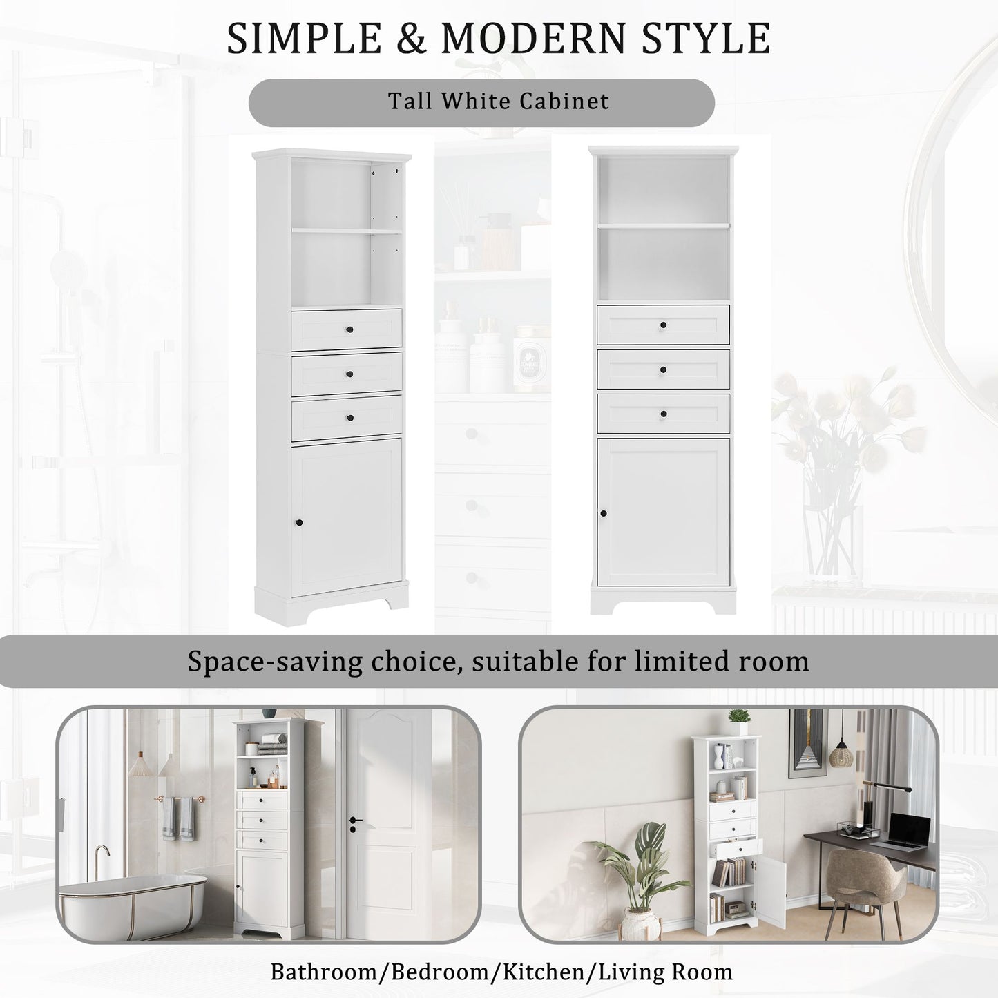 Tall Storage Cabinet with 3 Drawers and Adjustable Shelves for Bathroom; Kitchen and Living Room; MDF Board with Painted Finish