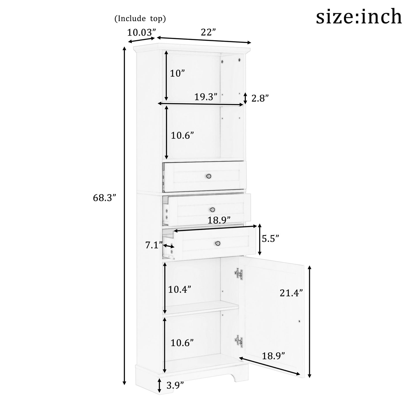 Tall Storage Cabinet with 3 Drawers and Adjustable Shelves for Bathroom; Kitchen and Living Room; MDF Board with Painted Finish