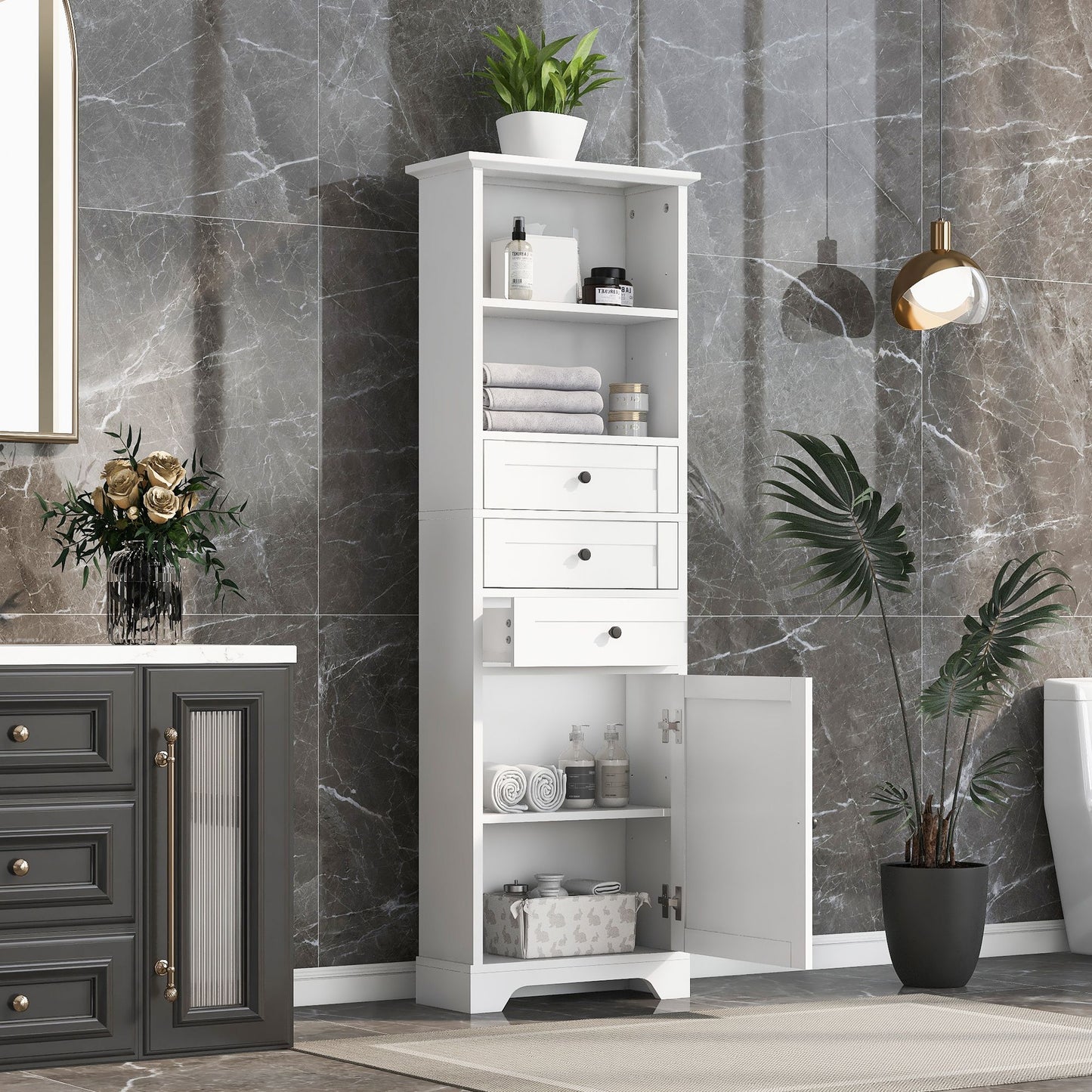 Tall Storage Cabinet with 3 Drawers and Adjustable Shelves for Bathroom; Kitchen and Living Room; MDF Board with Painted Finish