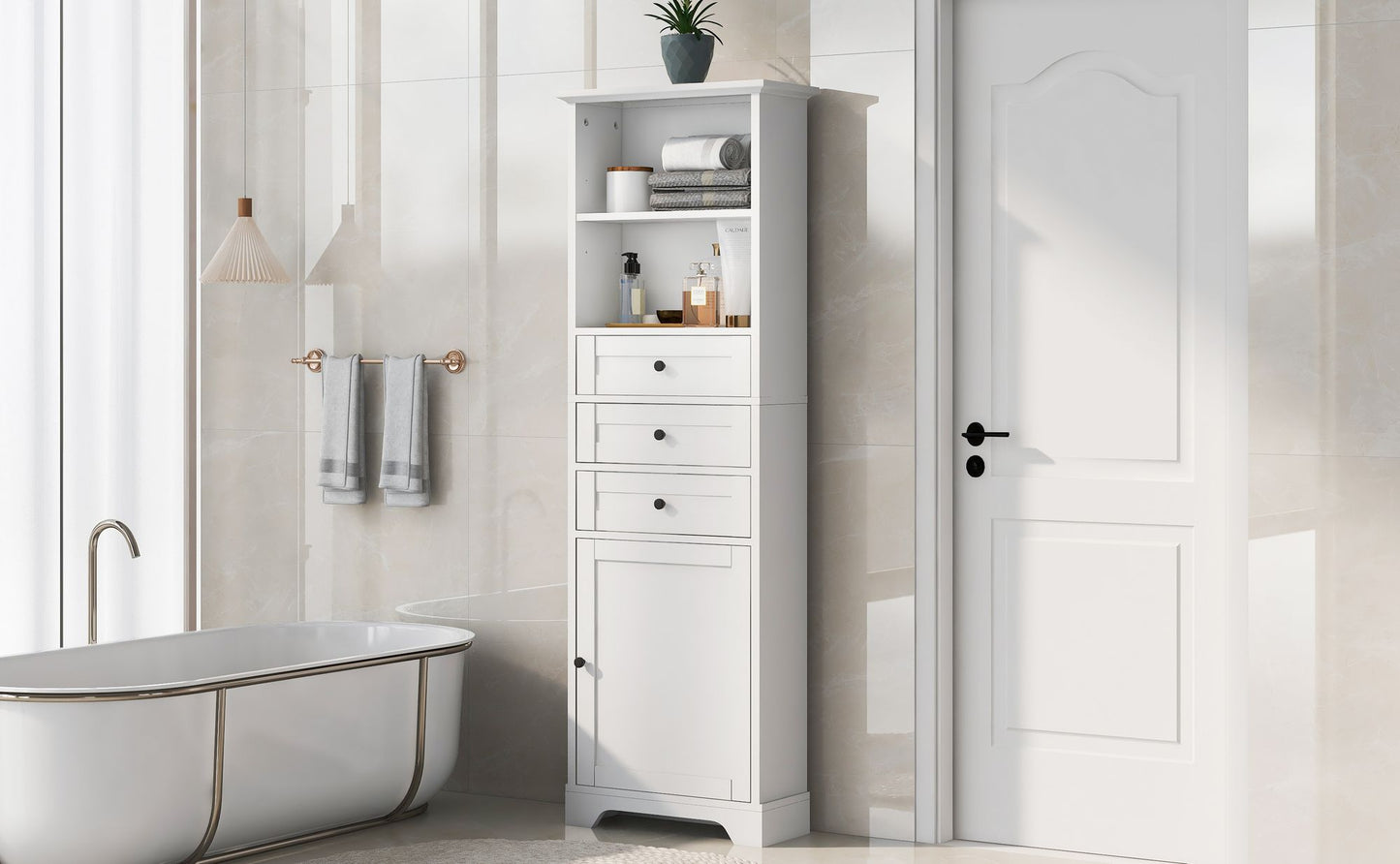 Tall Storage Cabinet with 3 Drawers and Adjustable Shelves for Bathroom; Kitchen and Living Room; MDF Board with Painted Finish