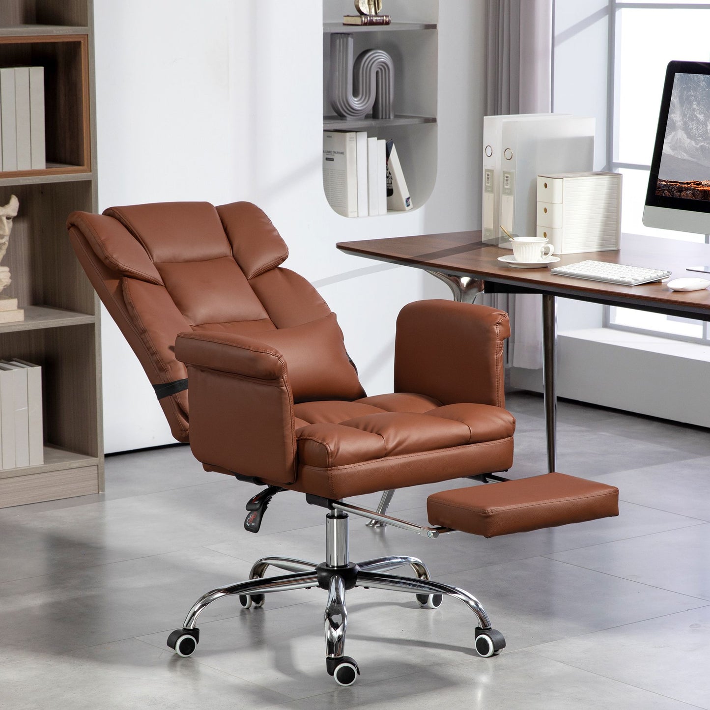HOMCOM Executive Office Chair, PU Leather Ergonomic Office Desk Chair, Reclining and Swivel Chair with Footrest and Lumbar Support, Brown
