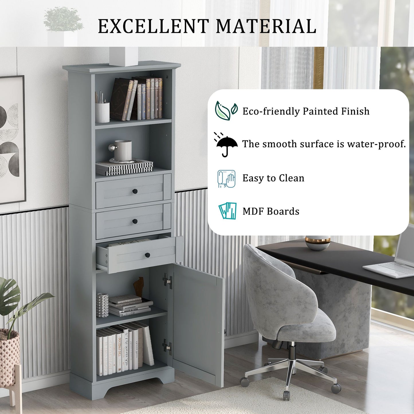 Tall Storage Cabinet with 3 Drawers and Adjustable Shelves for Bathroom; Kitchen and Living Room; MDF Board with Painted Finish