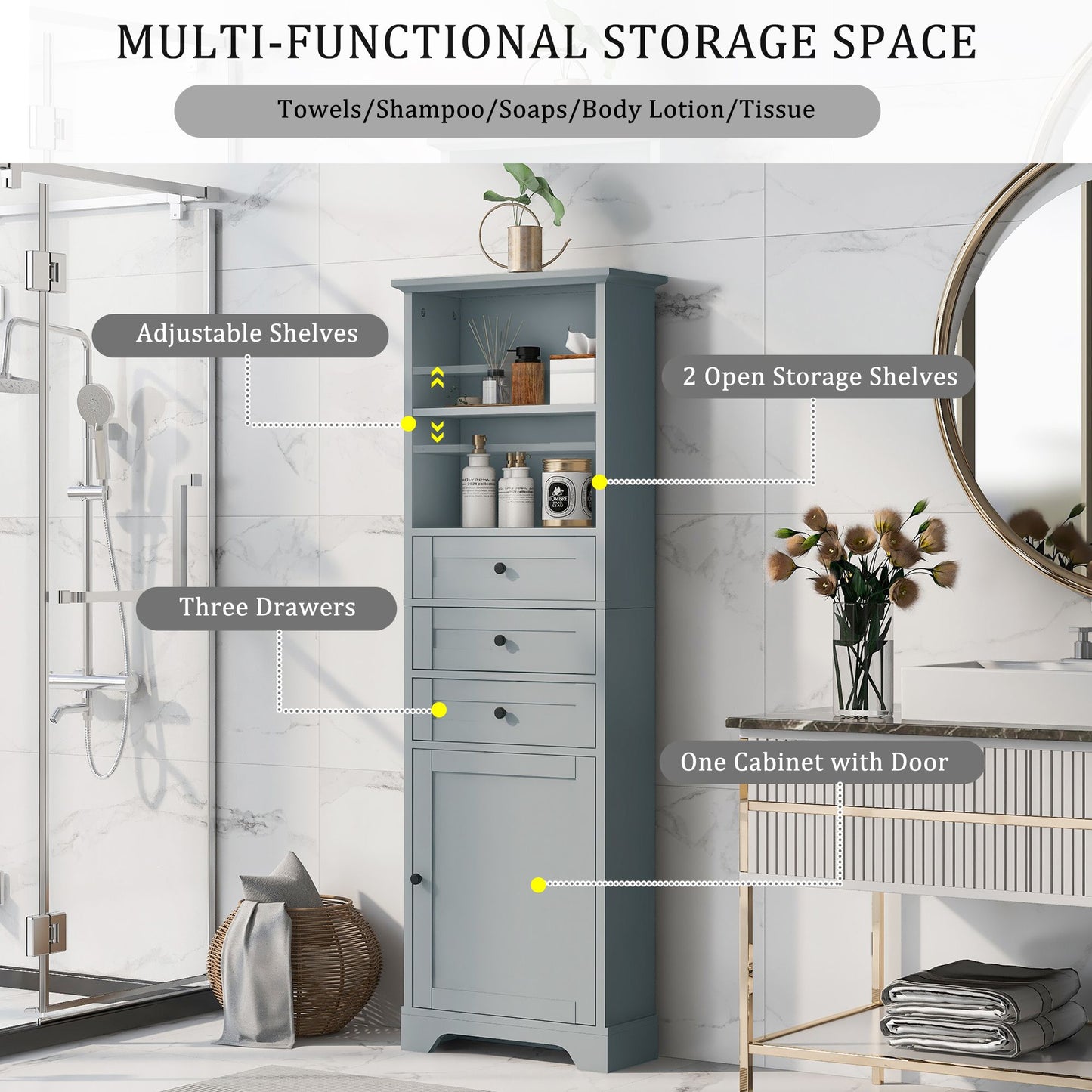 Tall Storage Cabinet with 3 Drawers and Adjustable Shelves for Bathroom; Kitchen and Living Room; MDF Board with Painted Finish