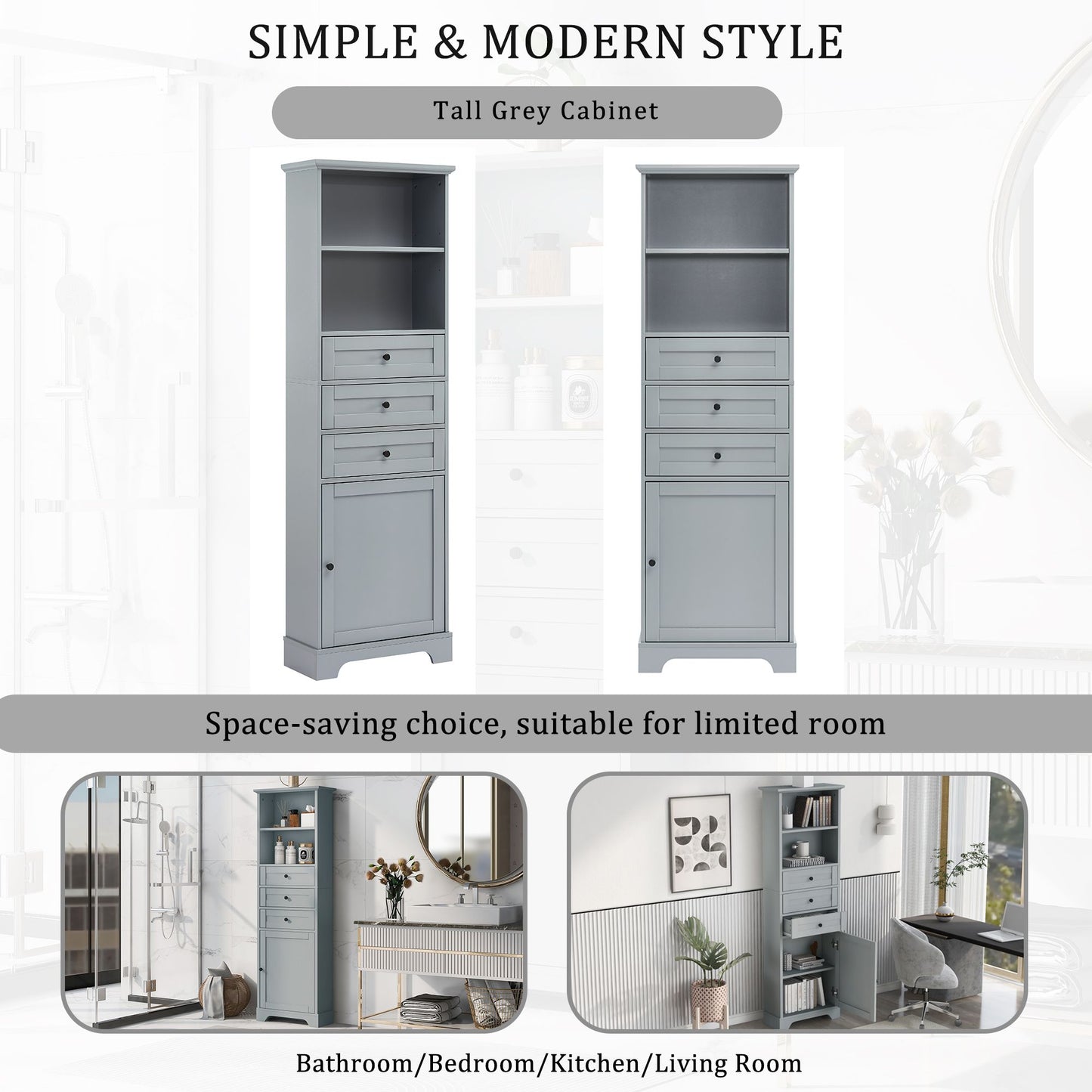 Tall Storage Cabinet with 3 Drawers and Adjustable Shelves for Bathroom; Kitchen and Living Room; MDF Board with Painted Finish