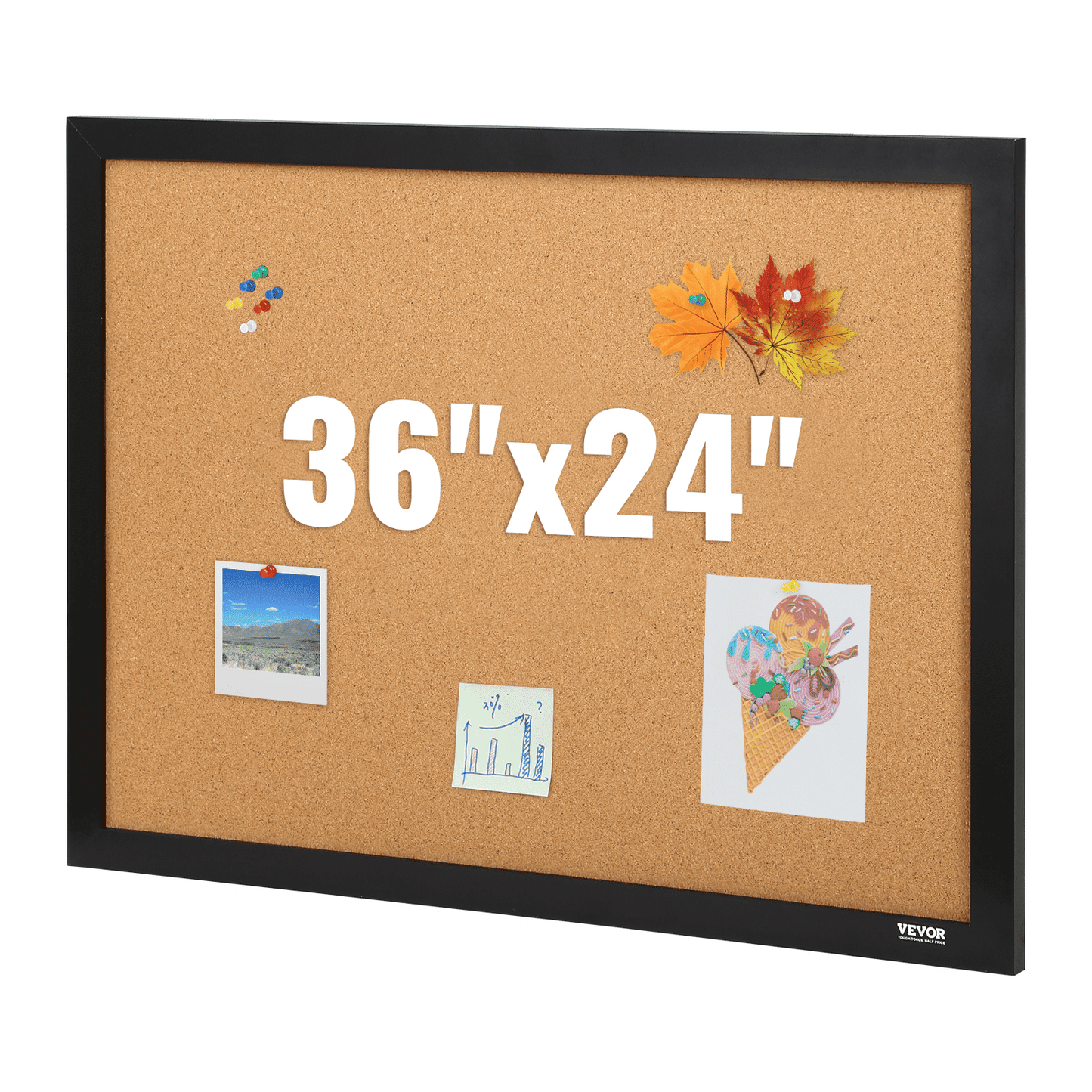 VEVOR Cork Board, 36x24 inches Bulletin Board with MDF Sticker Frame, Vision Board Includes 10 Pushpins, for Display and Decoration in Office Home and School