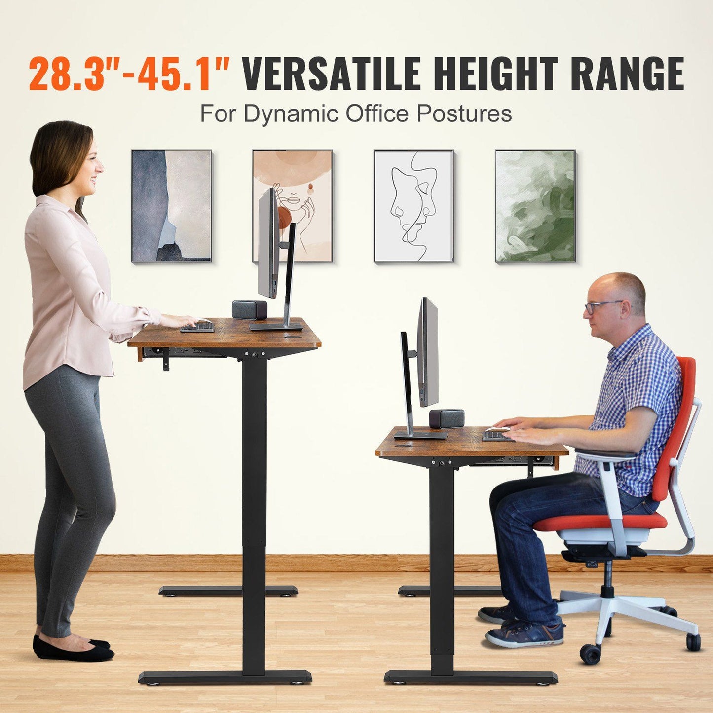 VEVOR Height Adjustable Desk, 47.2 x 23.6 in with Drawer, 3-Key Modes Electric Standing Desk,Whole Piece Desk Board, Dual Metal Frame, 180 LBS Capacity Computer Sit Stand up Desk, for Home and Office