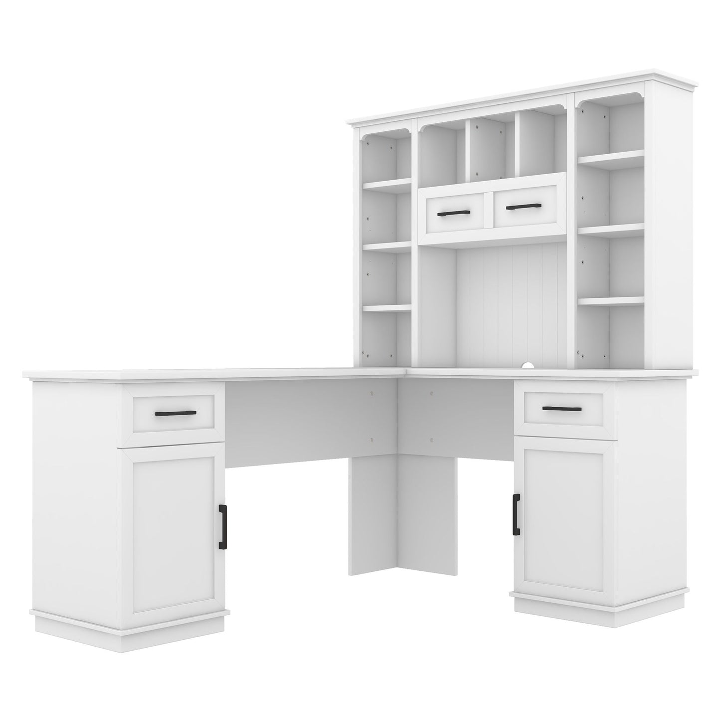 L-shaped computer desk with 2 cabinets and 2 drawers underneath the table, 11 open shelves and a flip-up shelf with storage on the right side, suitable for study, living room and office, White