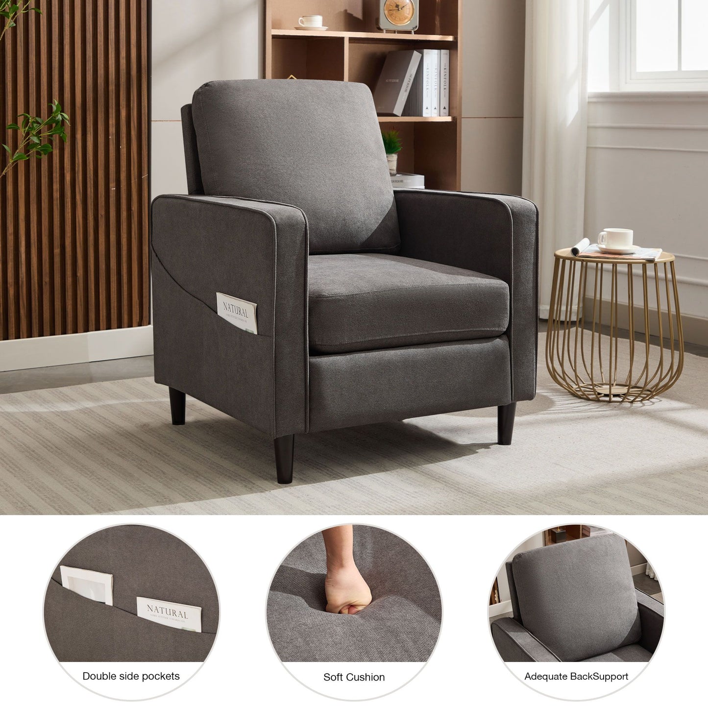 Mid-Century Accent Chair ,Modern Linen Fabric Armchair for Living Room,Double side pockets,, comfortable and padded reading feature sofa chair, suitable for bedrooms, living rooms, and offices