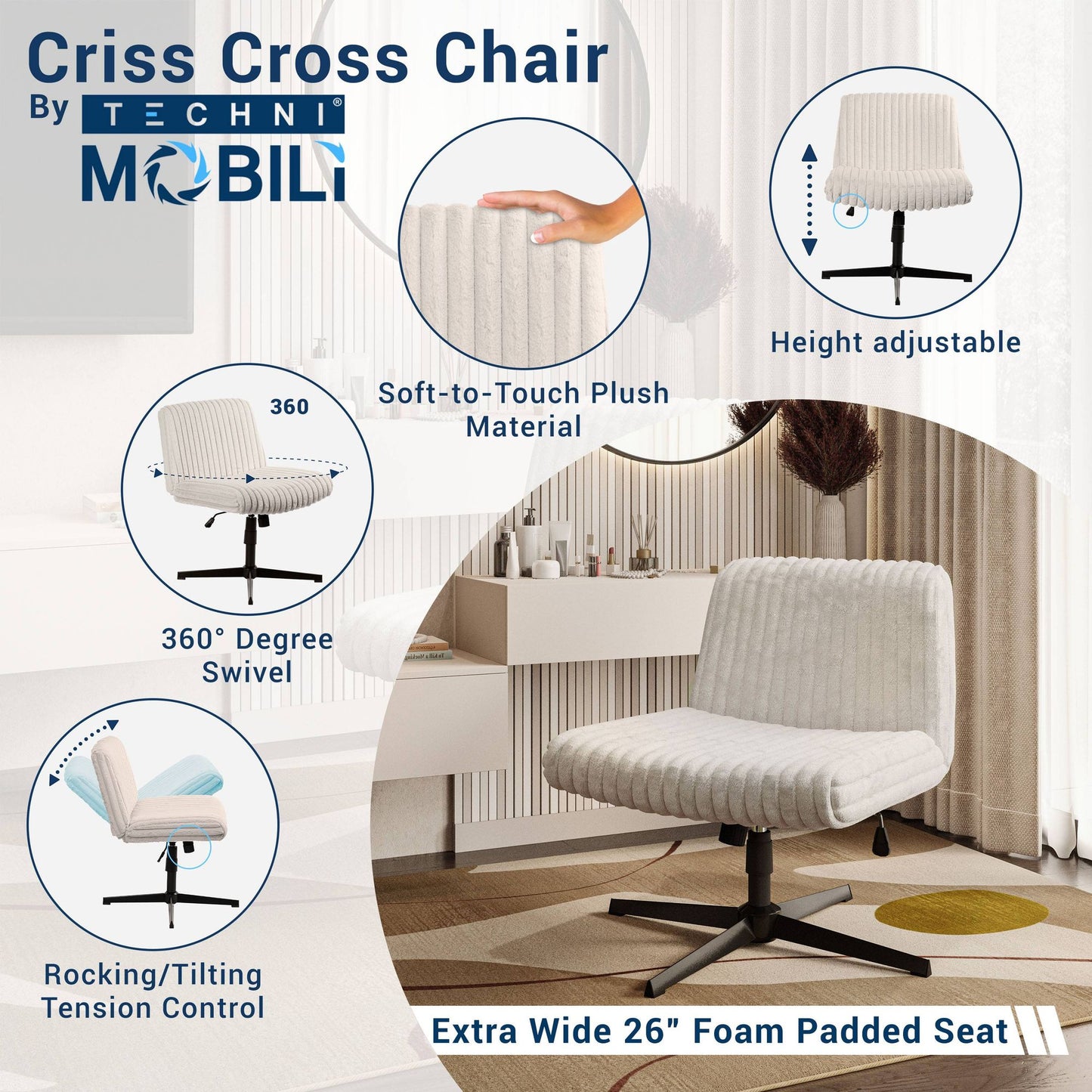 Techni Mobili Criss Cross Chair - Extra Wide Home or Office Chair