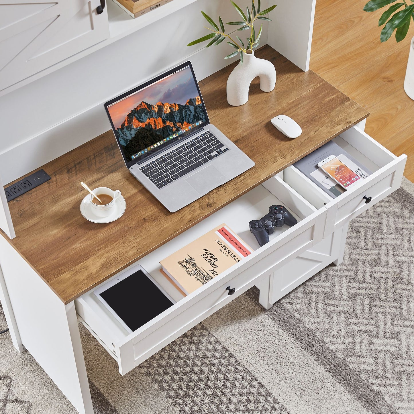 52" Farmhouse Executive Desk with Drawers, Wood Home Office Desk w/Charging Station, File Drawer, Storage Cabinet, Rustic Computer Writing Desk (Antique White)