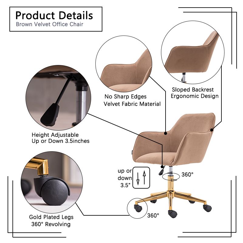 Modern Velvet Fabric Material Adjustable Height 360 revolving Home Office Chair with Gold Metal Legs and Universal Wheels for Indoor