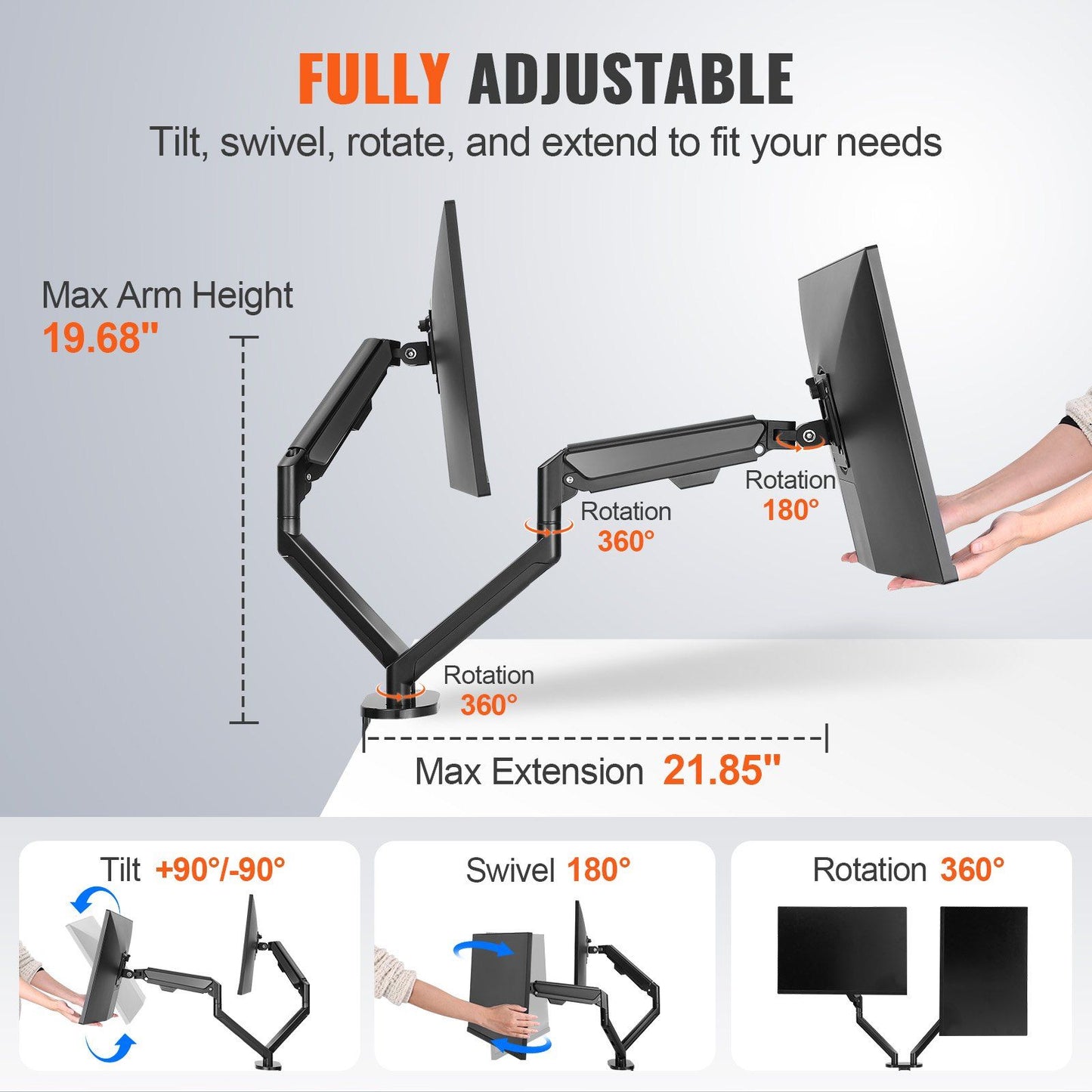 VEVOR Dual Monitor Stand for Desk, Supports 13"-35" Screens, Fully Adjustable Gas Spring Monitor Arm, Each Arm Holds up to 26.4 lbs, Dual Monitor Arm with C-Clamp/Grommet Mounting Base, VESA 75/100mm