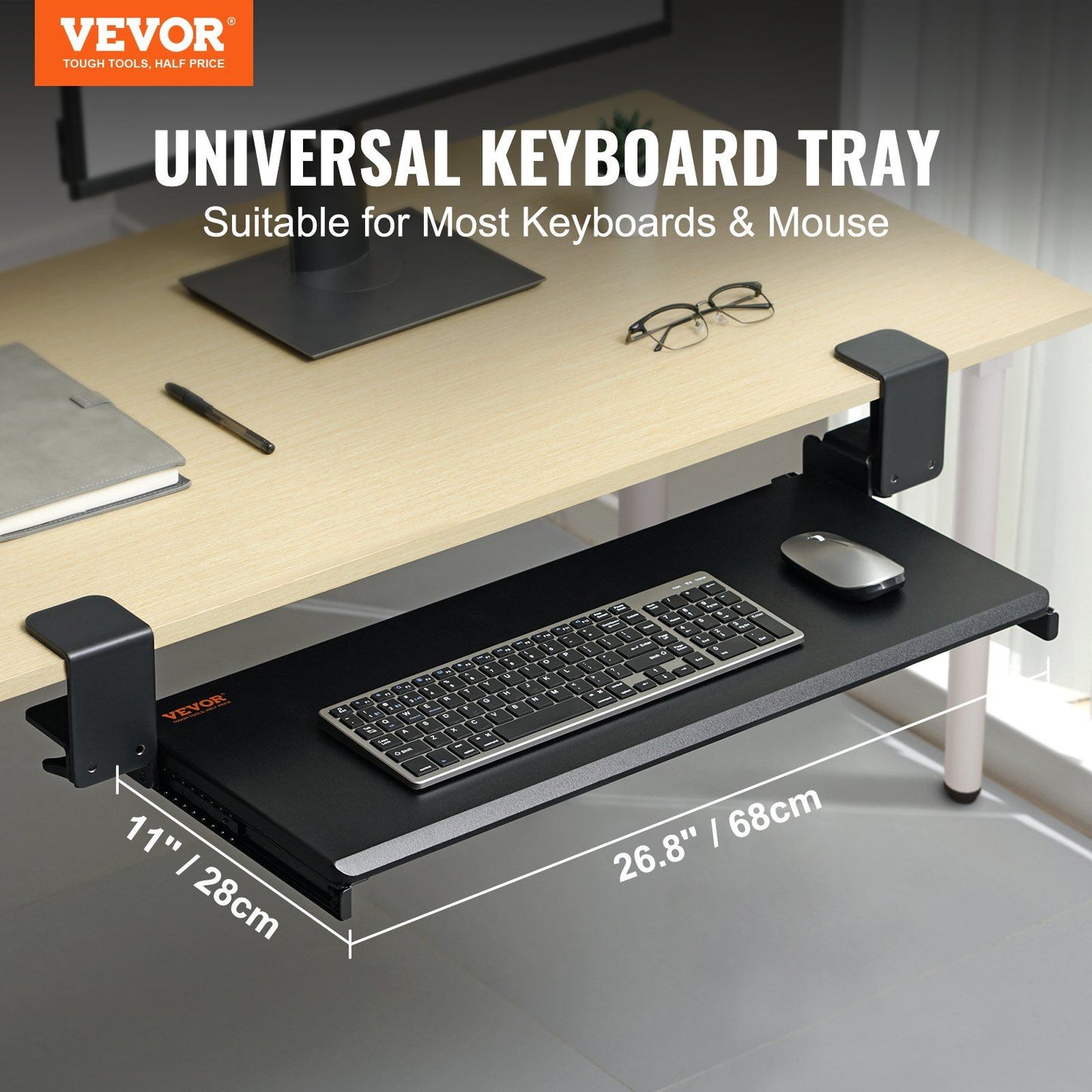 VEVOR Keyboard Tray Under Desk, Pull out Keyboard/Mouse Tray Under Desk with Sturdy No-drill C Clamp Mount, Large 26.8 x 11 inch Slide-out Computer Drawer for Typing in Home, Office Work