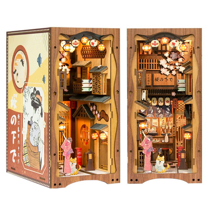 CuteBee Handmade Craft Japanese Theme Sakura Theme Diy Book Nook with Light Night Light Model Dollhouse