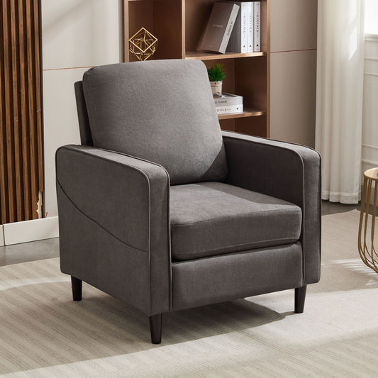 Mid-Century Accent Chair ,Modern Linen Fabric Armchair for Living Room,Double side pockets,, comfortable and padded reading feature sofa chair, suitable for bedrooms, living rooms, and offices