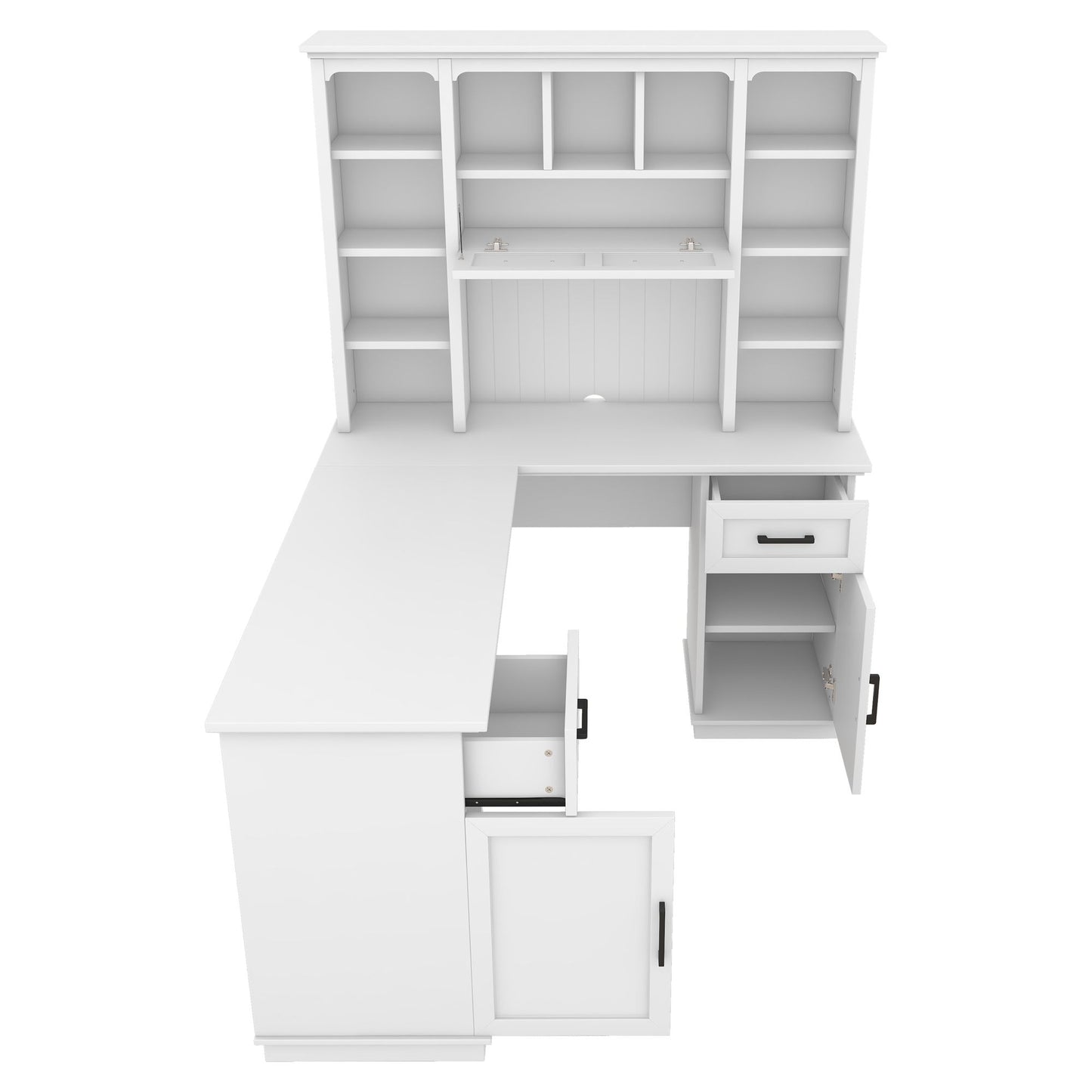 L-shaped computer desk with 2 cabinets and 2 drawers underneath the table, 11 open shelves and a flip-up shelf with storage on the right side, suitable for study, living room and office, White