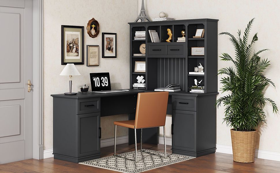 L-shaped computer desk with 2 cabinets and 2 drawers underneath the table, 11 open shelves and a flip-up shelf with storage on the right side, suitable for study, living room and office, Black