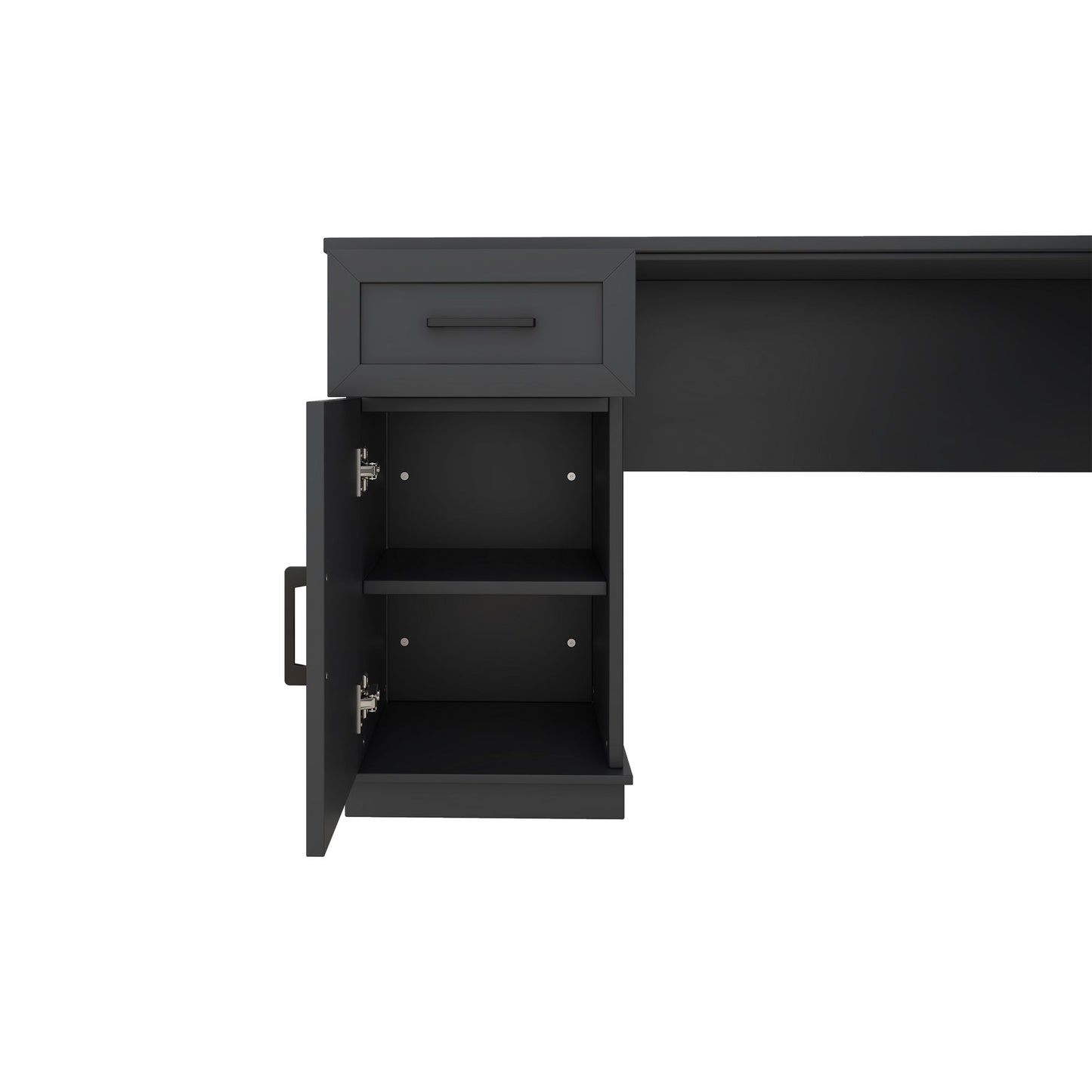 L-shaped computer desk with 2 cabinets and 2 drawers underneath the table, 11 open shelves and a flip-up shelf with storage on the right side, suitable for study, living room and office, Black