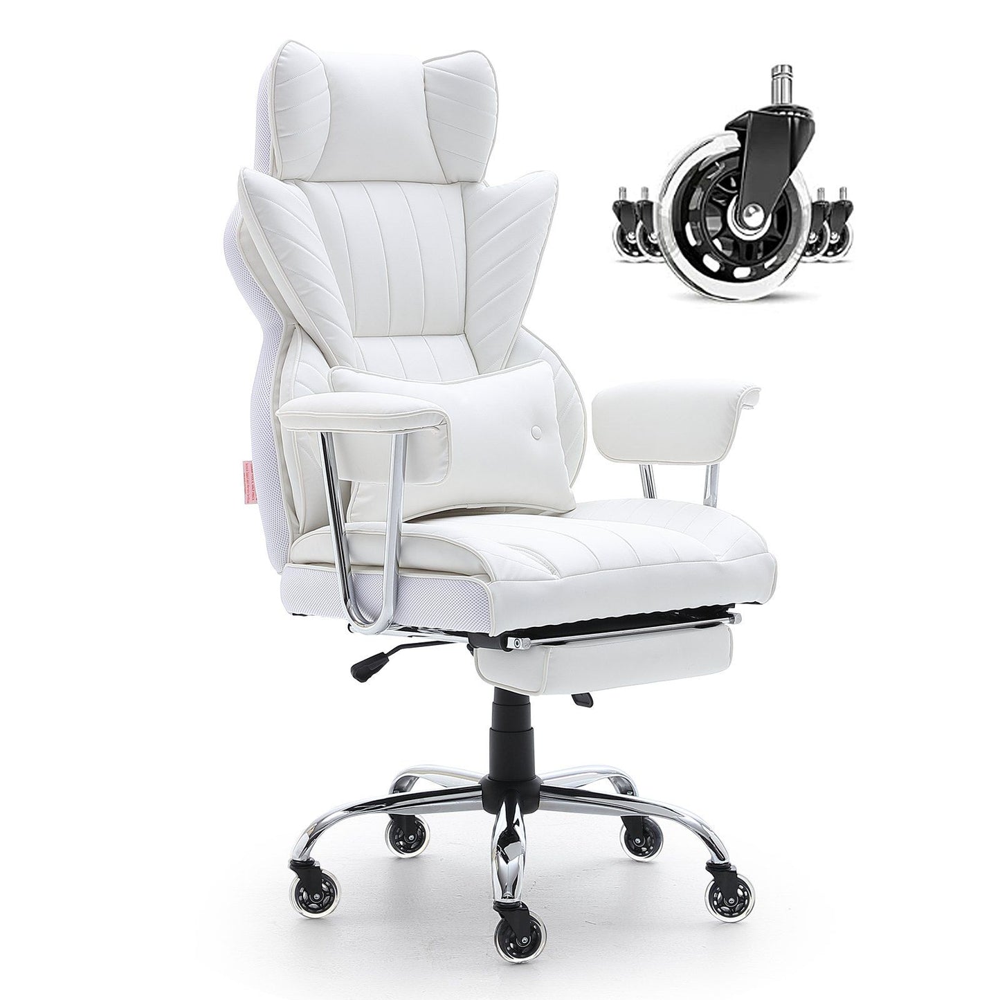 VEVOR Reclining Office Chair with Footrest, Heavy Duty PU Leather Wide Office Chair, Big and Tall Executive Office Chairs with Lumbar Support, Strong Metal Base Quiet Wheels, White