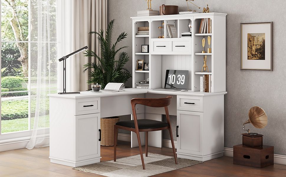 L-shaped computer desk with 2 cabinets and 2 drawers underneath the table, 11 open shelves and a flip-up shelf with storage on the right side, suitable for study, living room and office, White