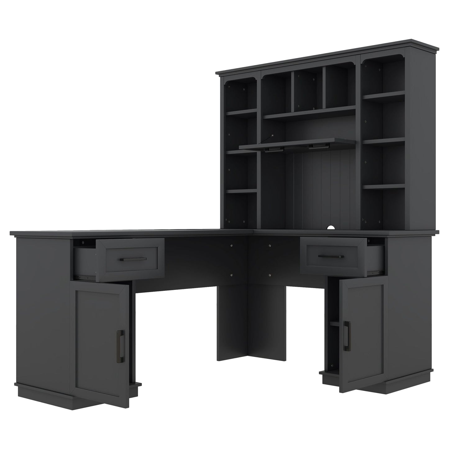 L-shaped computer desk with 2 cabinets and 2 drawers underneath the table, 11 open shelves and a flip-up shelf with storage on the right side, suitable for study, living room and office, Black