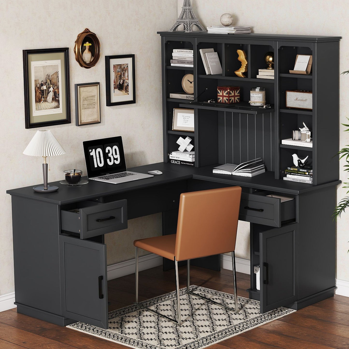 L-shaped computer desk with 2 cabinets and 2 drawers underneath the table, 11 open shelves and a flip-up shelf with storage on the right side, suitable for study, living room and office, Black