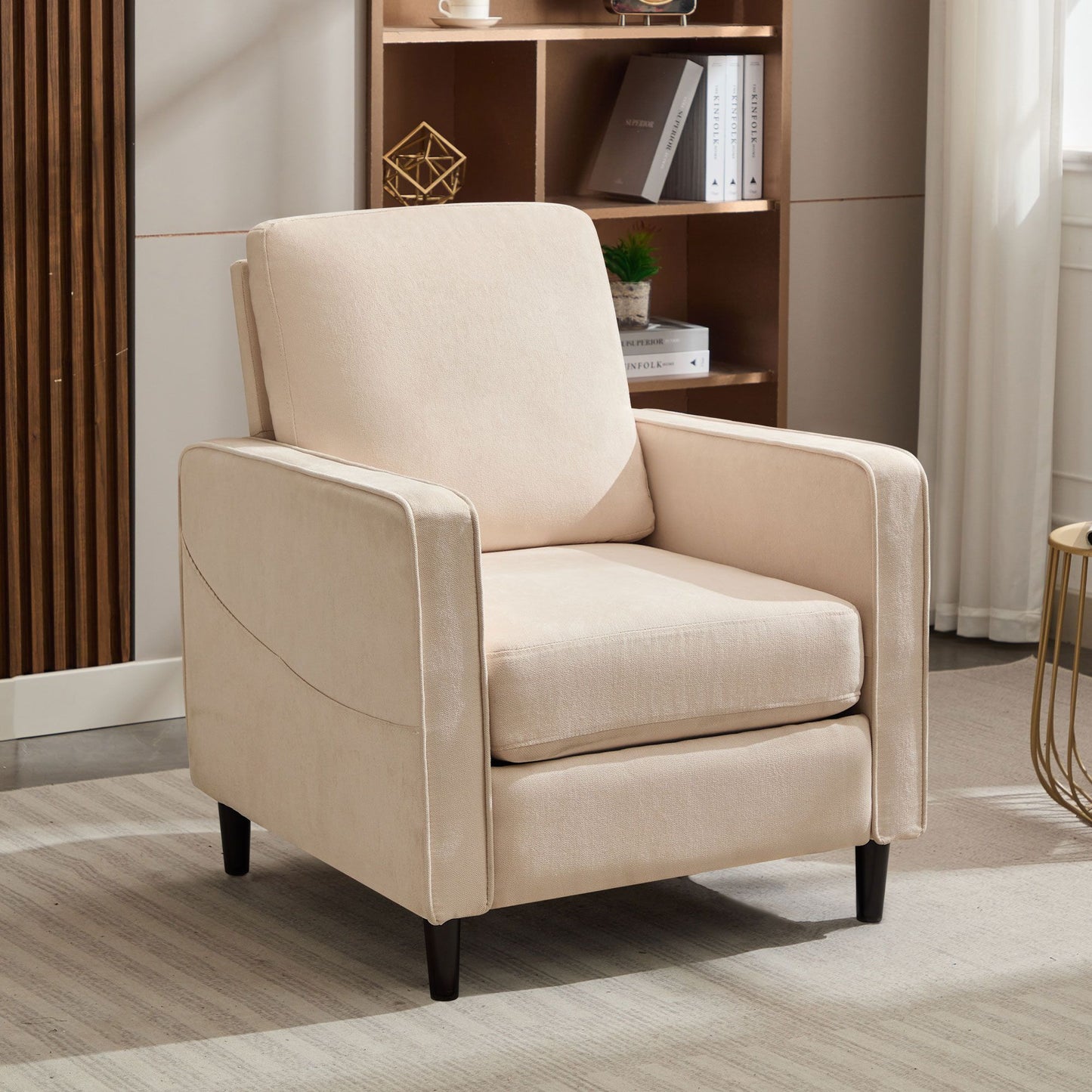 Mid-Century Accent Chair ,Modern Linen Fabric Armchair for Living Room,Double side pockets,, comfortable and padded reading feature sofa chair, suitable for bedrooms, living rooms, and offices,BEIGE