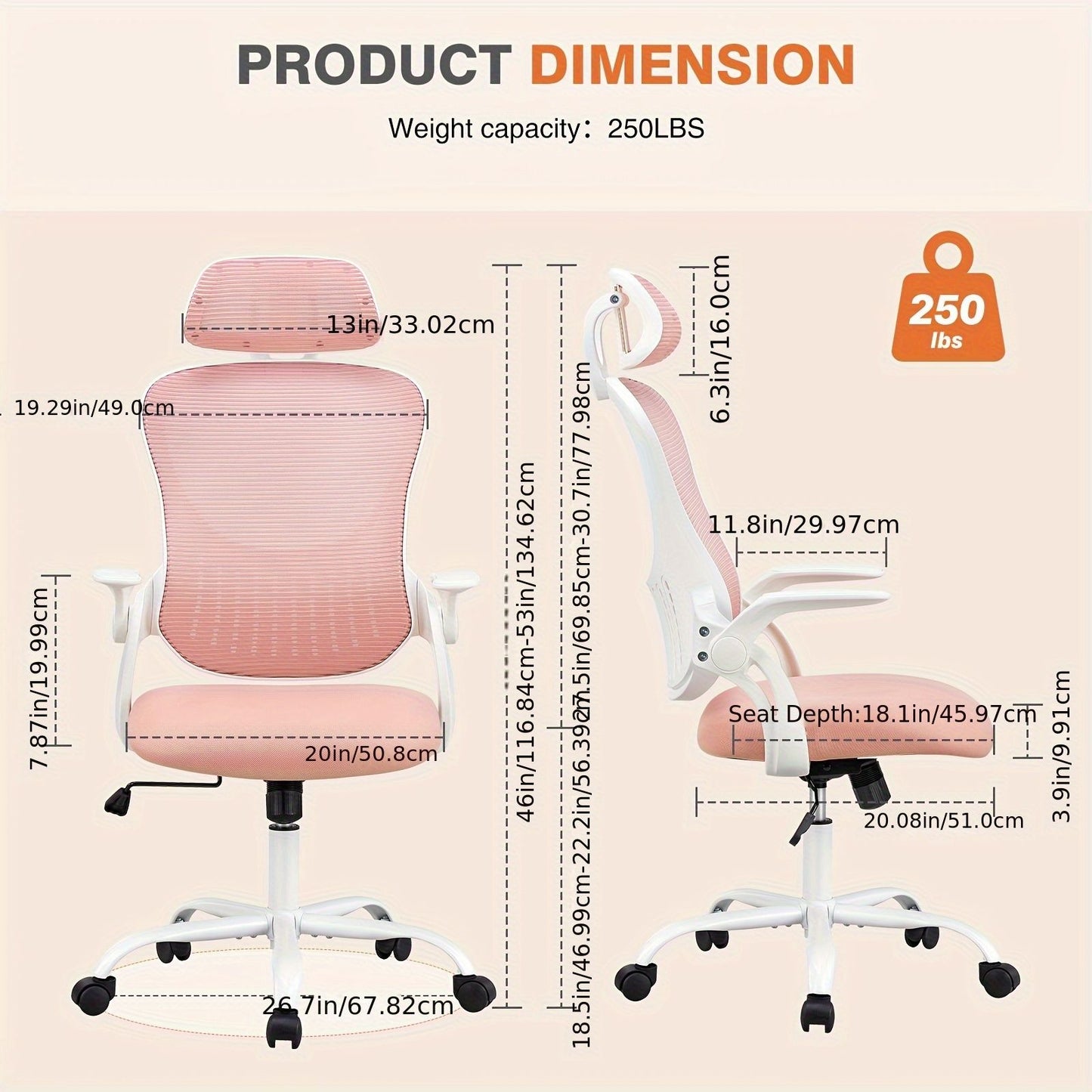 Mesh Ergonomic Office Computer Desk Chair Flip-up Arms Adjustable Headrests Comfortable Lumbar Support For Home Office