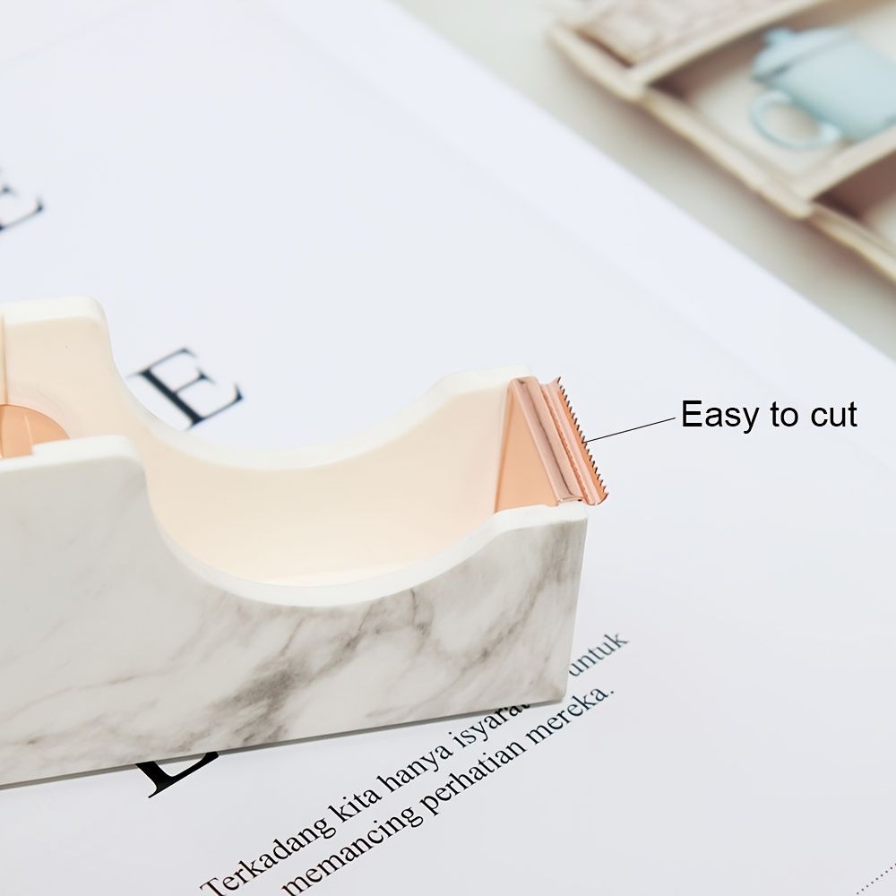 1pc Office Supplies 1-inch Rose Gold Core Heavy Duty Nonslip Tape Cutter Adhesive Marble Texture Tape Dispenser Desk