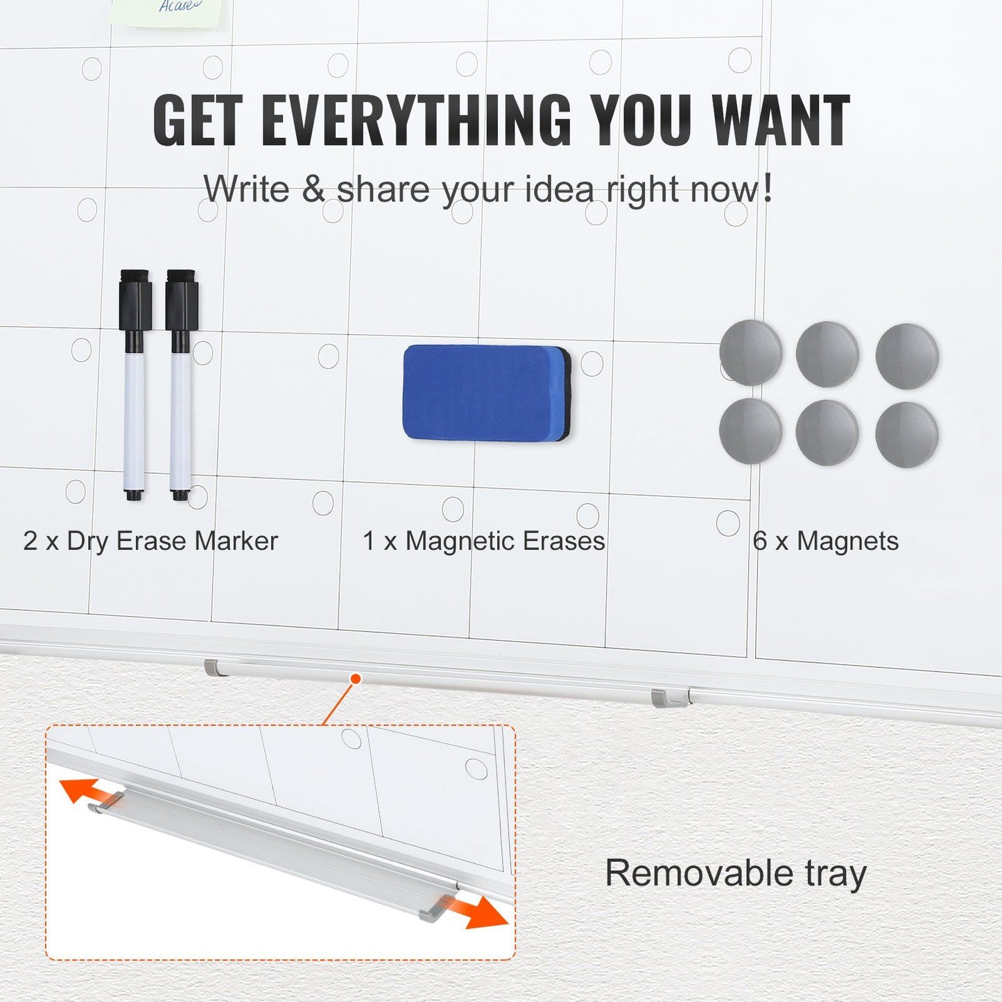 VEVOR Calendar Whiteboard, 36 x 24 Inches Magnetic Dry Erase Calendar Board, Monthly Planner Whiteboard for Wall, 1 Magnetic Erase & 2 Dry Erase Marker & Movable Tray for Restaurant Office Home School