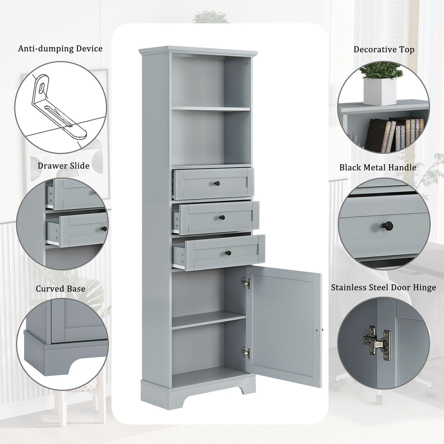 Tall Storage Cabinet with 3 Drawers and Adjustable Shelves for Bathroom;  Kitchen and Living Room;  MDF Board with Painted Finish