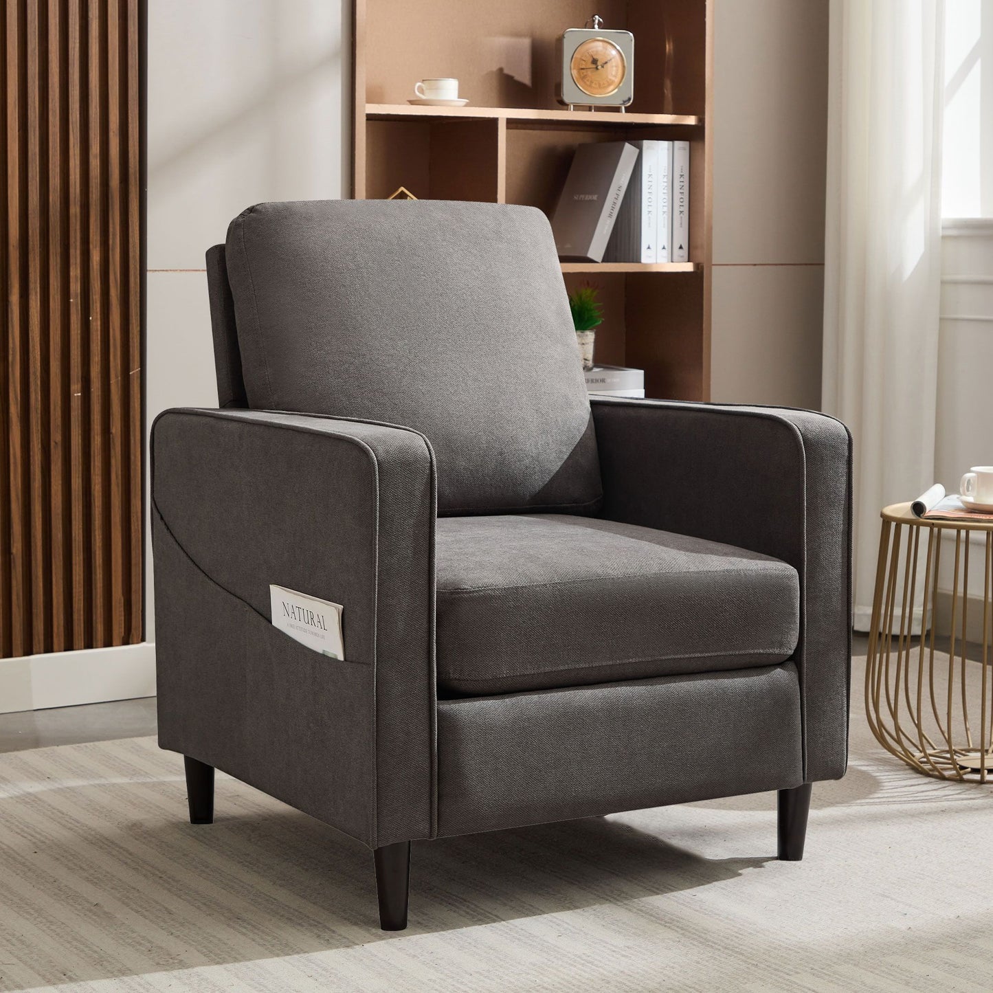 Mid-Century Accent Chair ,Modern Linen Fabric Armchair for Living Room,Double side pockets,, comfortable and padded reading feature sofa chair, suitable for bedrooms, living rooms, and offices