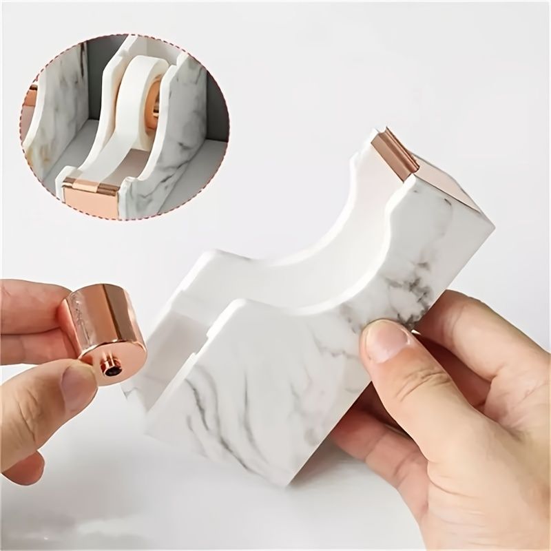 1pc Office Supplies 1-inch Rose Gold Core Heavy Duty Nonslip Tape Cutter Adhesive Marble Texture Tape Dispenser Desk