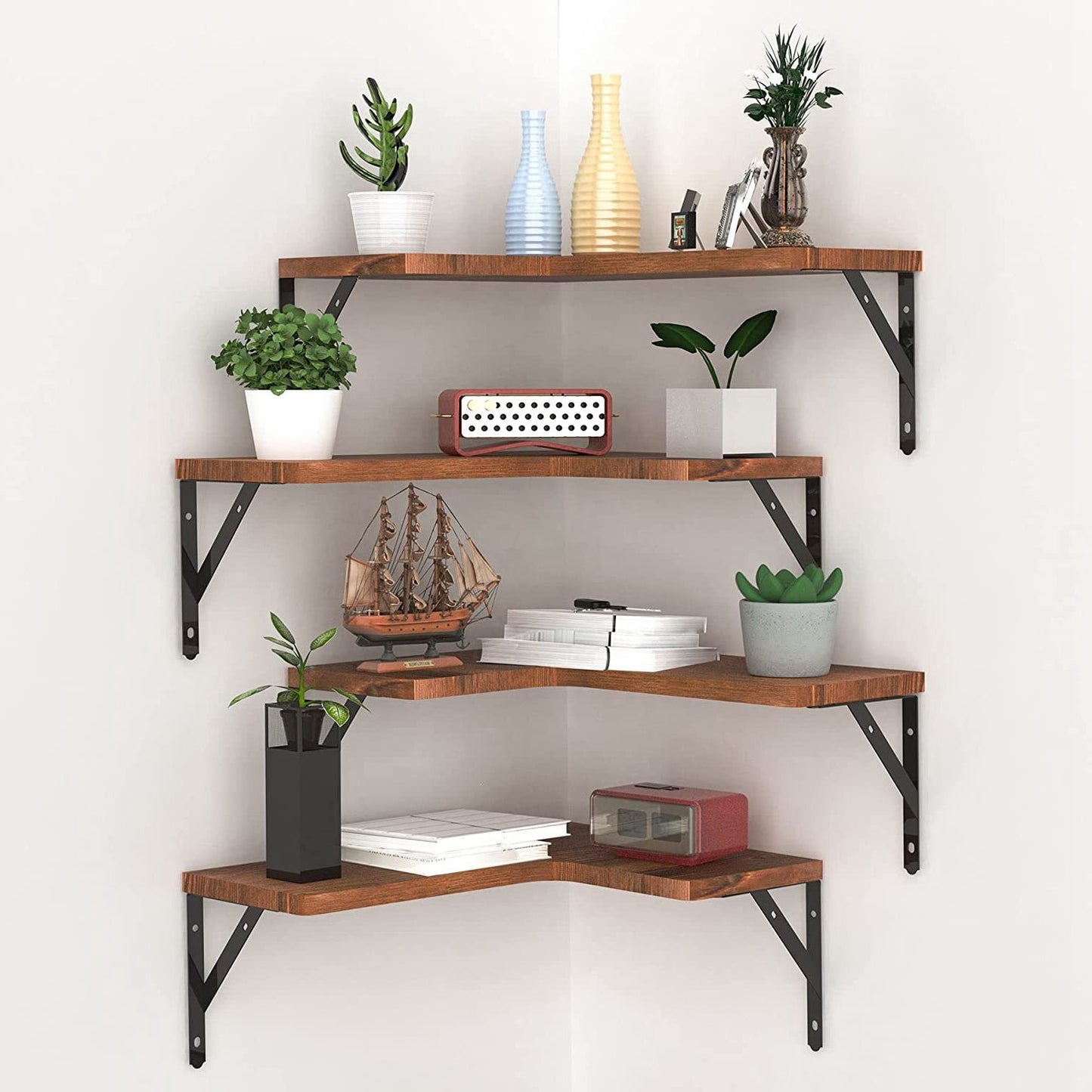 4Packs Corner Floating Shelf Wall Mount Display Storage Shelf Organizer Wood Metal Bedroom Living Room Décor