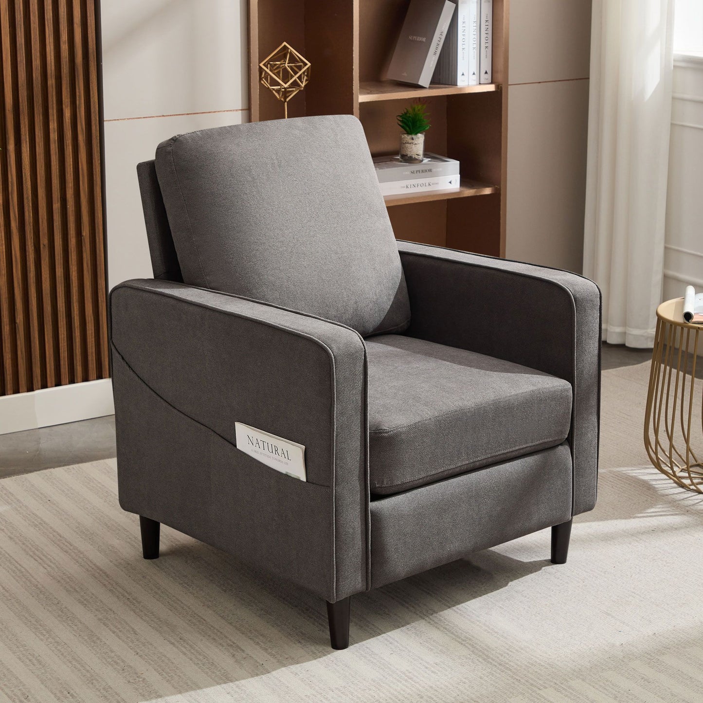 Mid-Century Accent Chair ,Modern Linen Fabric Armchair for Living Room,Double side pockets,, comfortable and padded reading feature sofa chair, suitable for bedrooms, living rooms, and offices