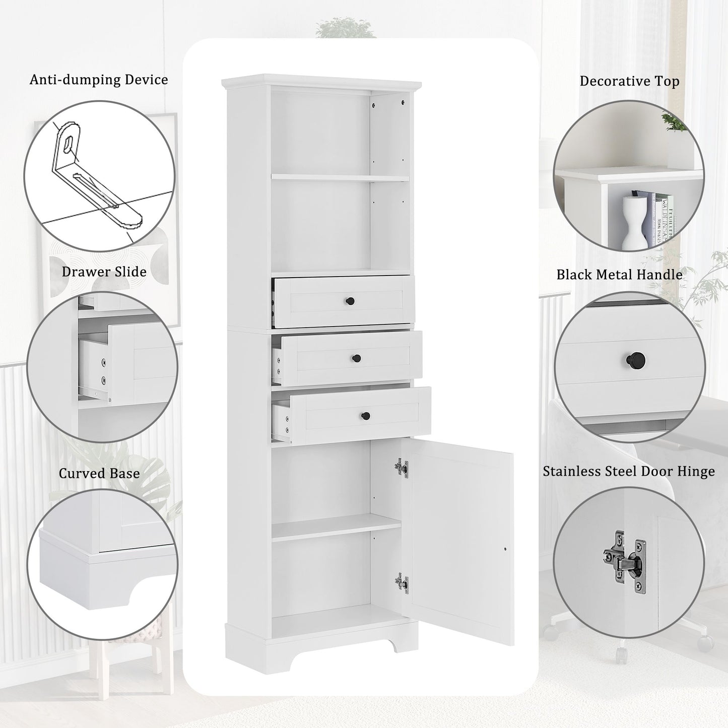 Tall Storage Cabinet with 3 Drawers and Adjustable Shelves for Bathroom;  Kitchen and Living Room;  MDF Board with Painted Finish