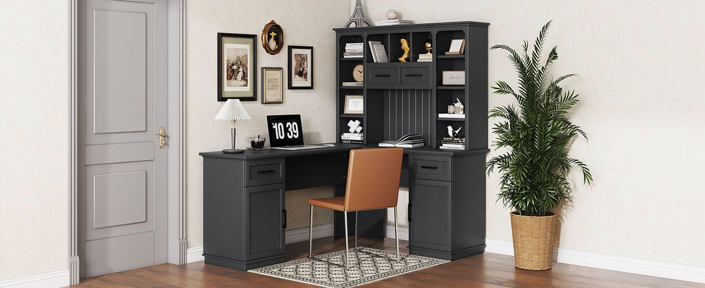 L-shaped computer desk with 2 cabinets and 2 drawers underneath the table, 11 open shelves and a flip-up shelf with storage on the right side, suitable for study, living room and office, Black