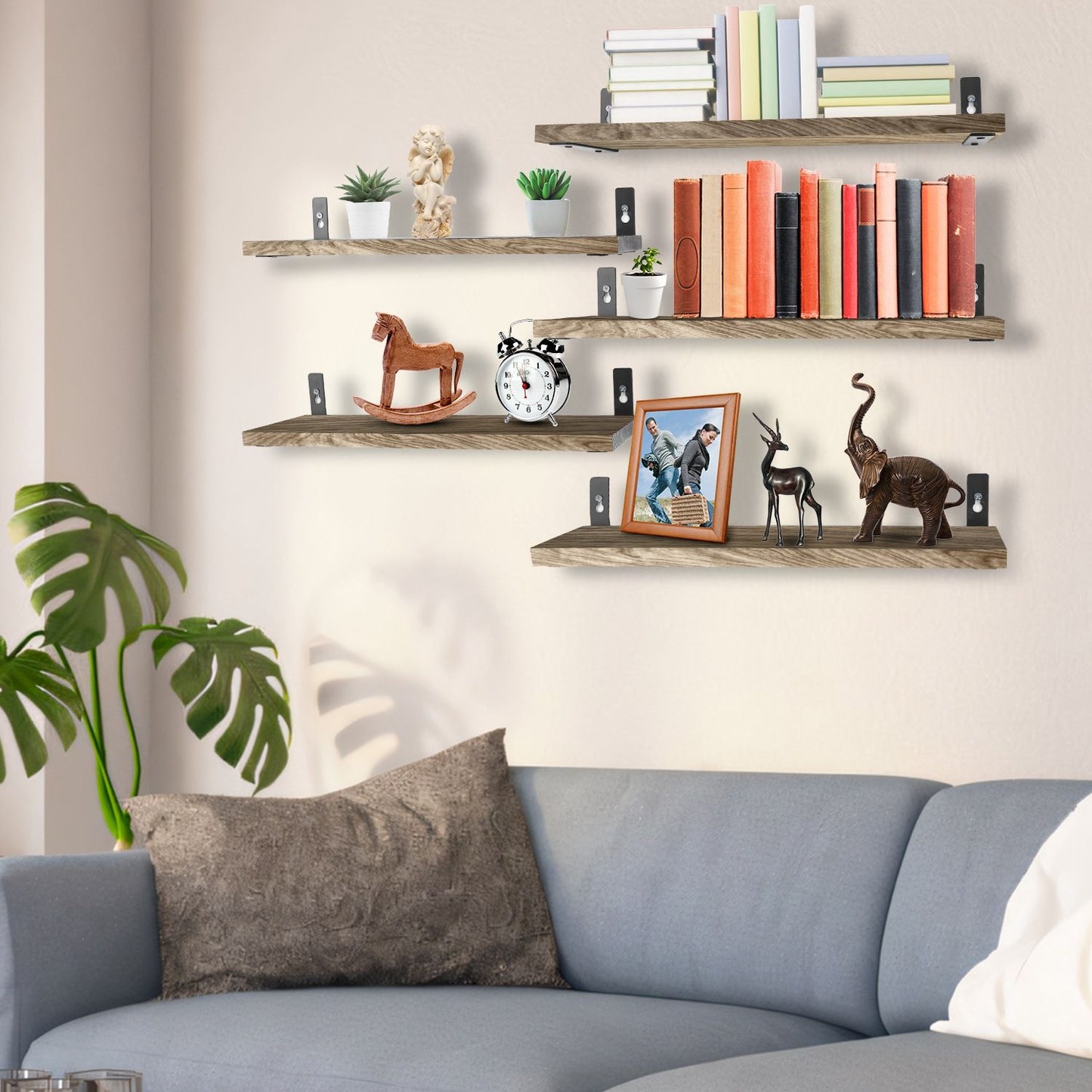 6 Sets Floating Shelves 15.55x5.19Inch Wall Mounted Shelves Wood Storage Shelves Metal Bracket Hanging Display Shelf Wall Organizer for Living Room Bathroom Kitchen Decor